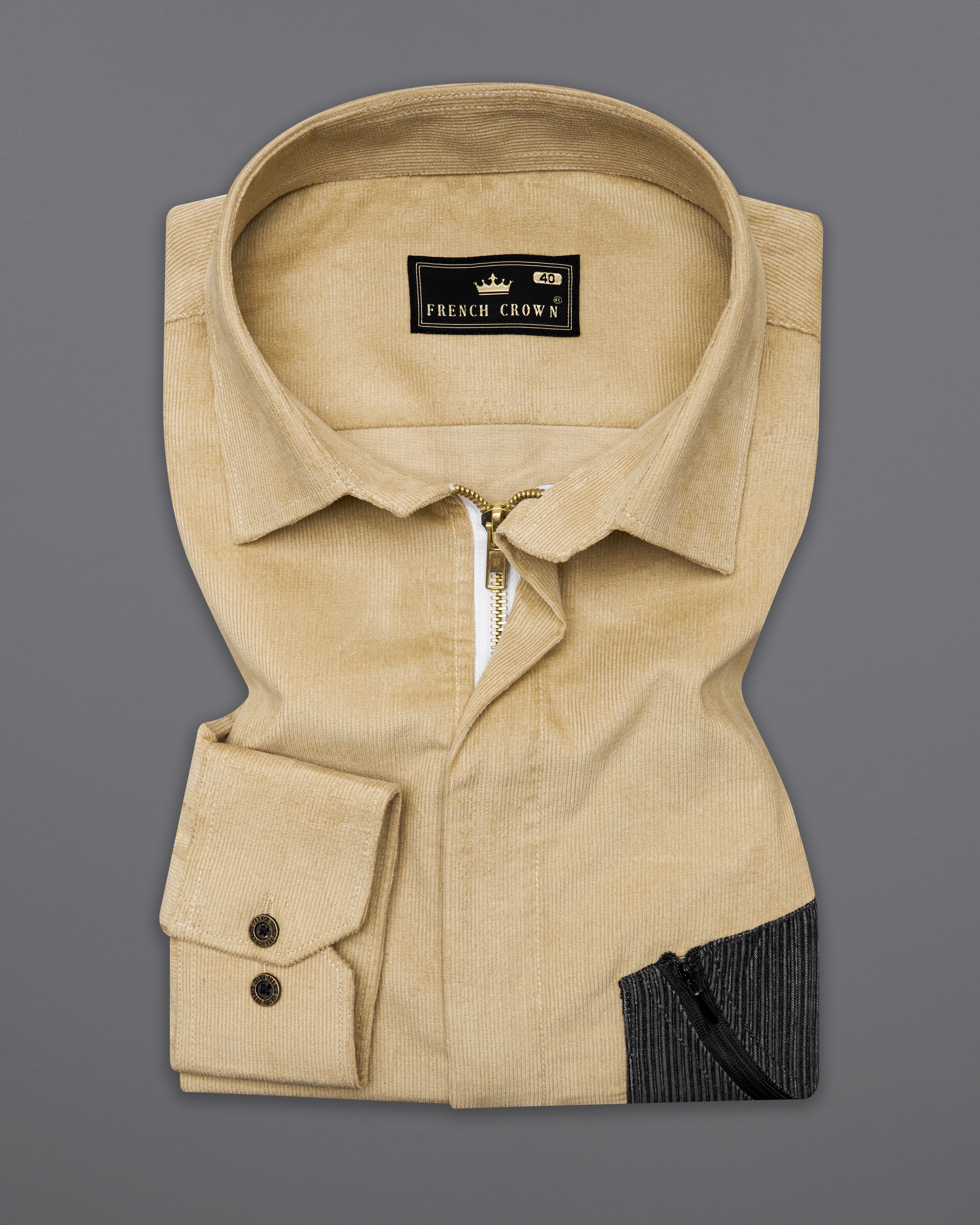 Brandy Brown Corduroy Designer Overshirt/Shacket With Zipper Fastening