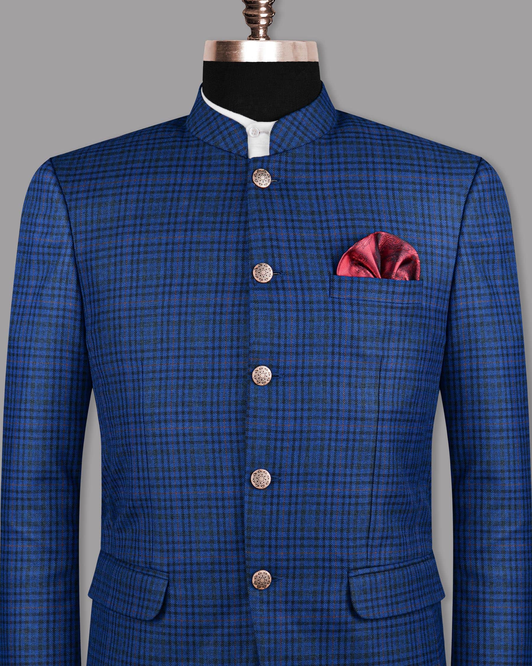 Astronaut Blue with Black Plaid Bandhgala/Mandarin Blazer BL1112-BG-54, BL1112-BG-50, BL1112-BG-38, BL1112-BG-52, BL1112-BG-56, BL1112-BG-58, BL1112-BG-46, BL1112-BG-60, BL1112-BG-36, BL1112-BG-40, BL1112-BG-42, BL1112-BG-44, BL1112-BG-48