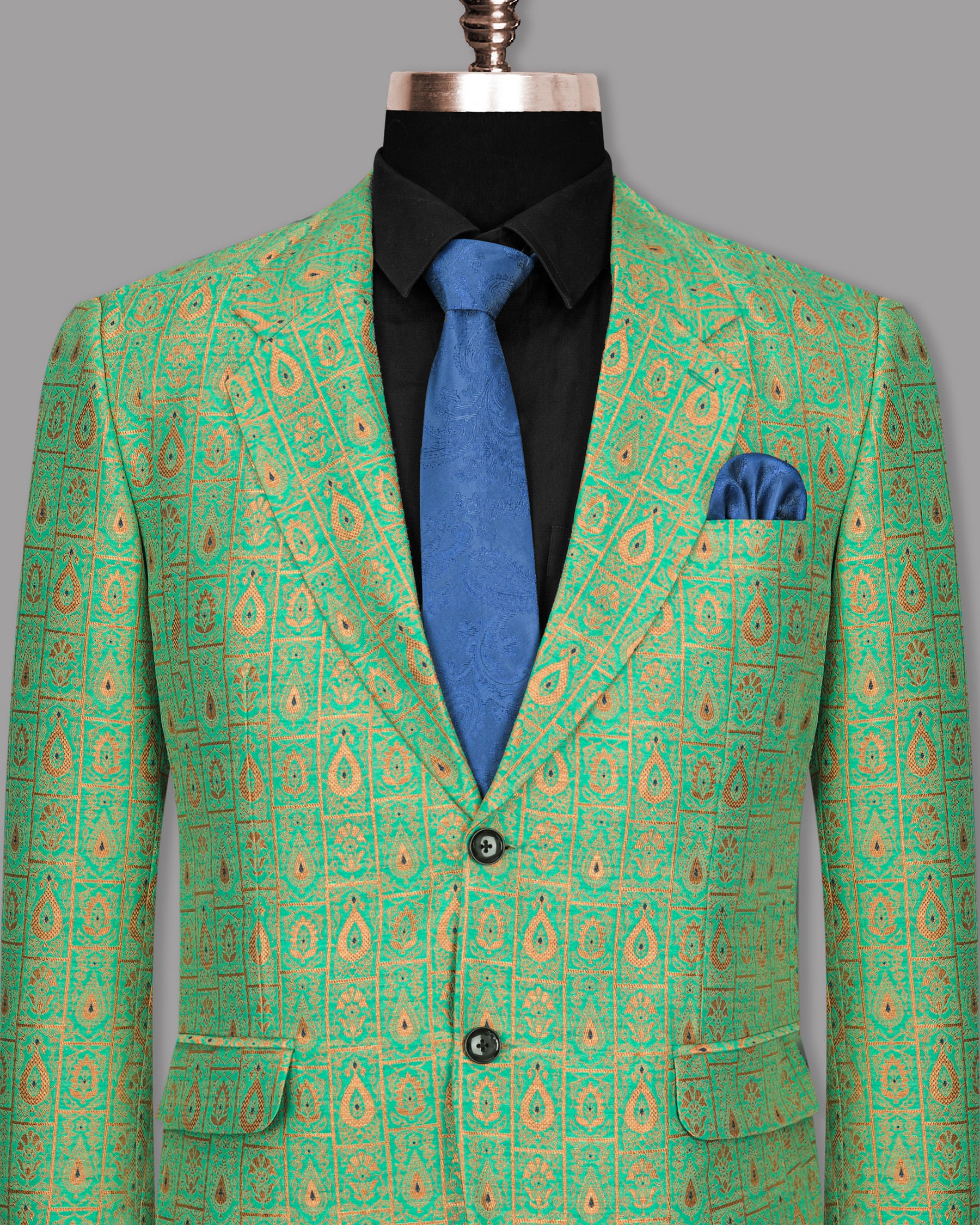 Bay Leaf Green with Golden Ancient Art Jacquard Patterned Designer Blazer BL1154-SB-36, BL1154-SB-46, BL1154-SB-38, BL1154-SB-40, BL1154-SB-52, BL1154-SB-42, BL1154-SB-44, BL1154-SB-50, BL1154-SB-58, BL1154-SB-60, BL1154-SB-48, BL1154-SB-56, BL1154-SB-54