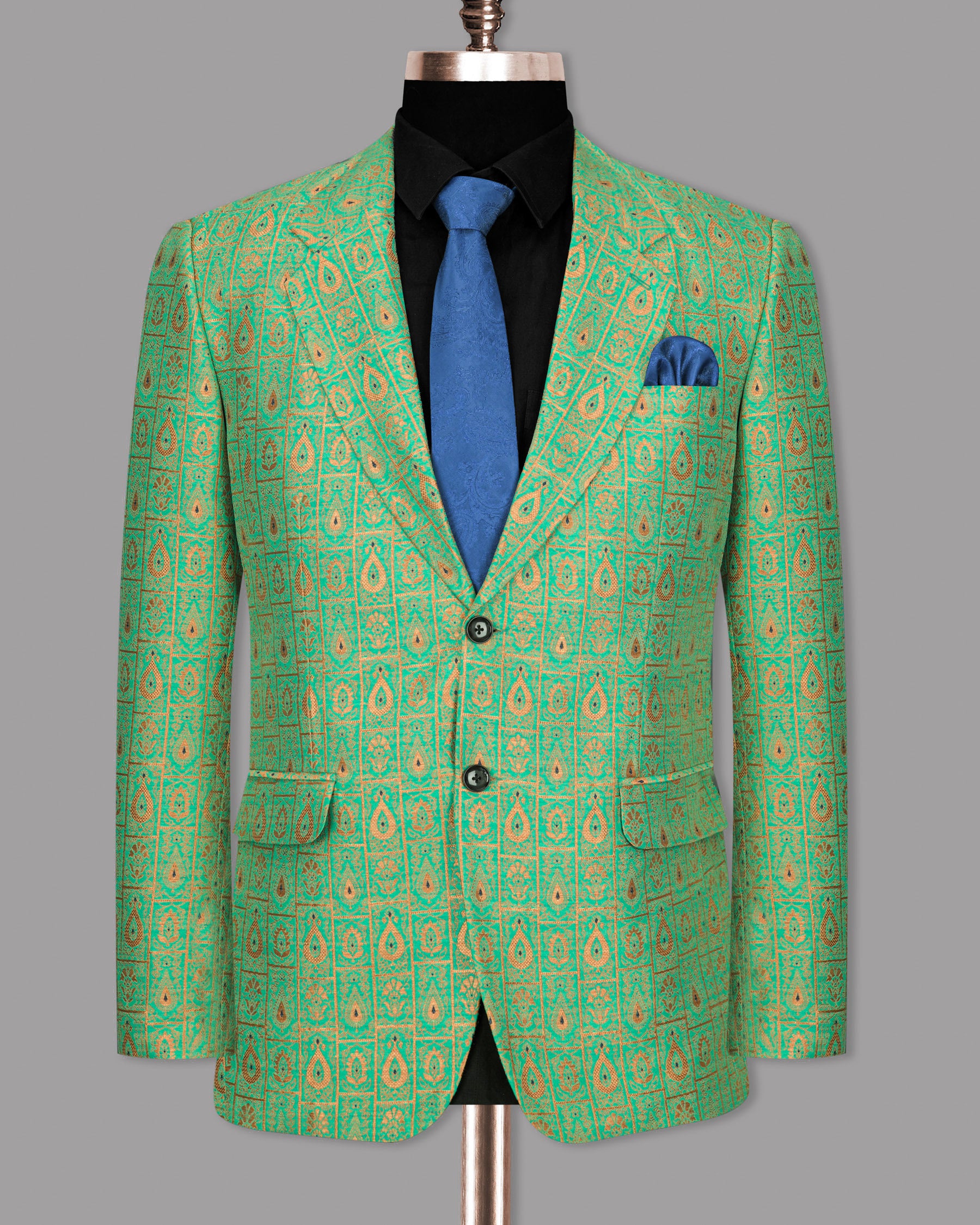 Bay Leaf Green with Golden Ancient Art Jacquard Patterned Designer Blazer