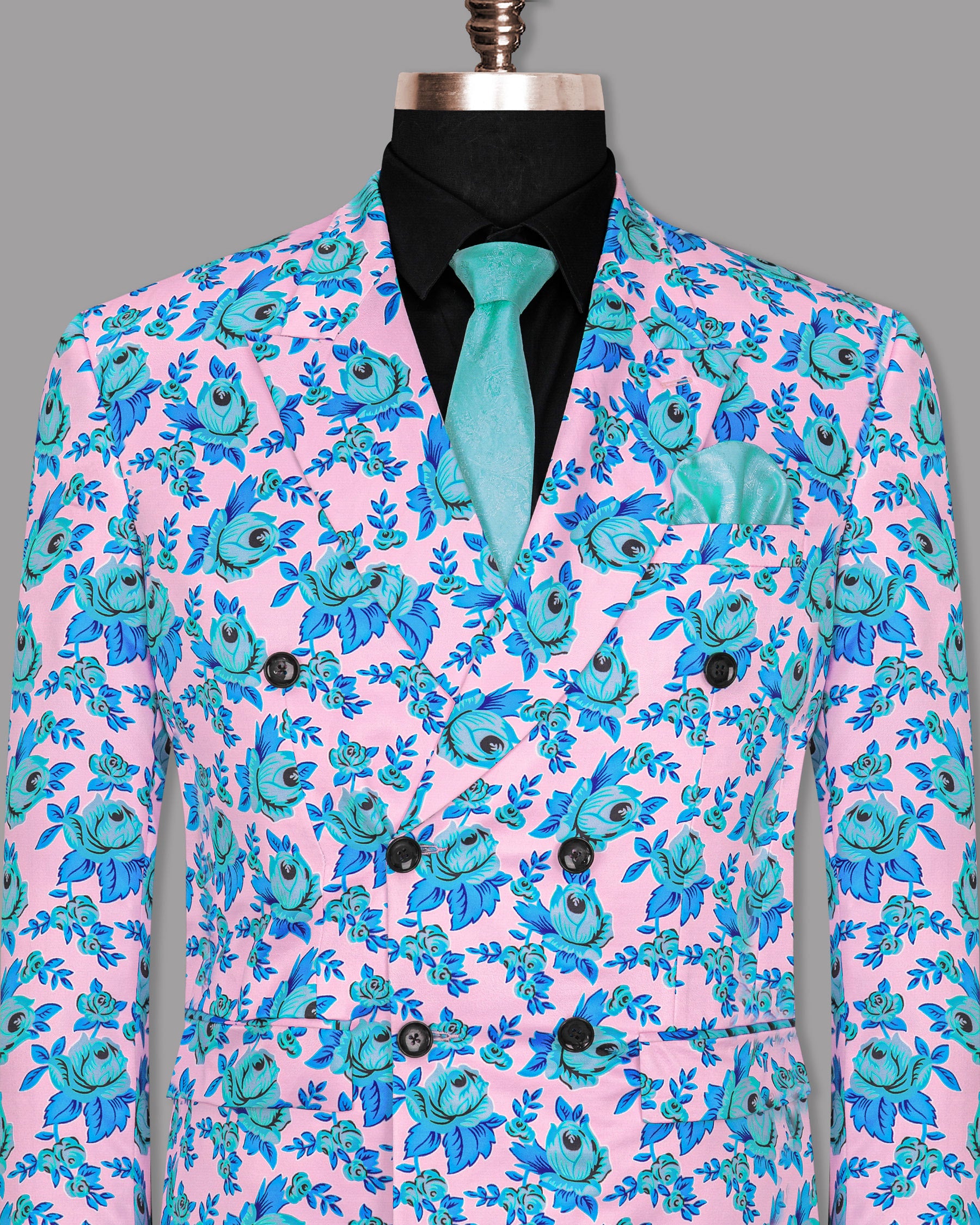 Azalea Pink with Shakespeare Blue Flower Printed Super Soft Premium Designer Blazer BL1156-DB-42, BL1156-DB-44, BL1156-DB-36, BL1156-DB-40, BL1156-DB-46, BL1156-DB-54, BL1156-DB-56, BL1156-DB-38, BL1156-DB-48, BL1156-DB-50, BL1156-DB-52, BL1156-DB-58, BL1156-DB-60