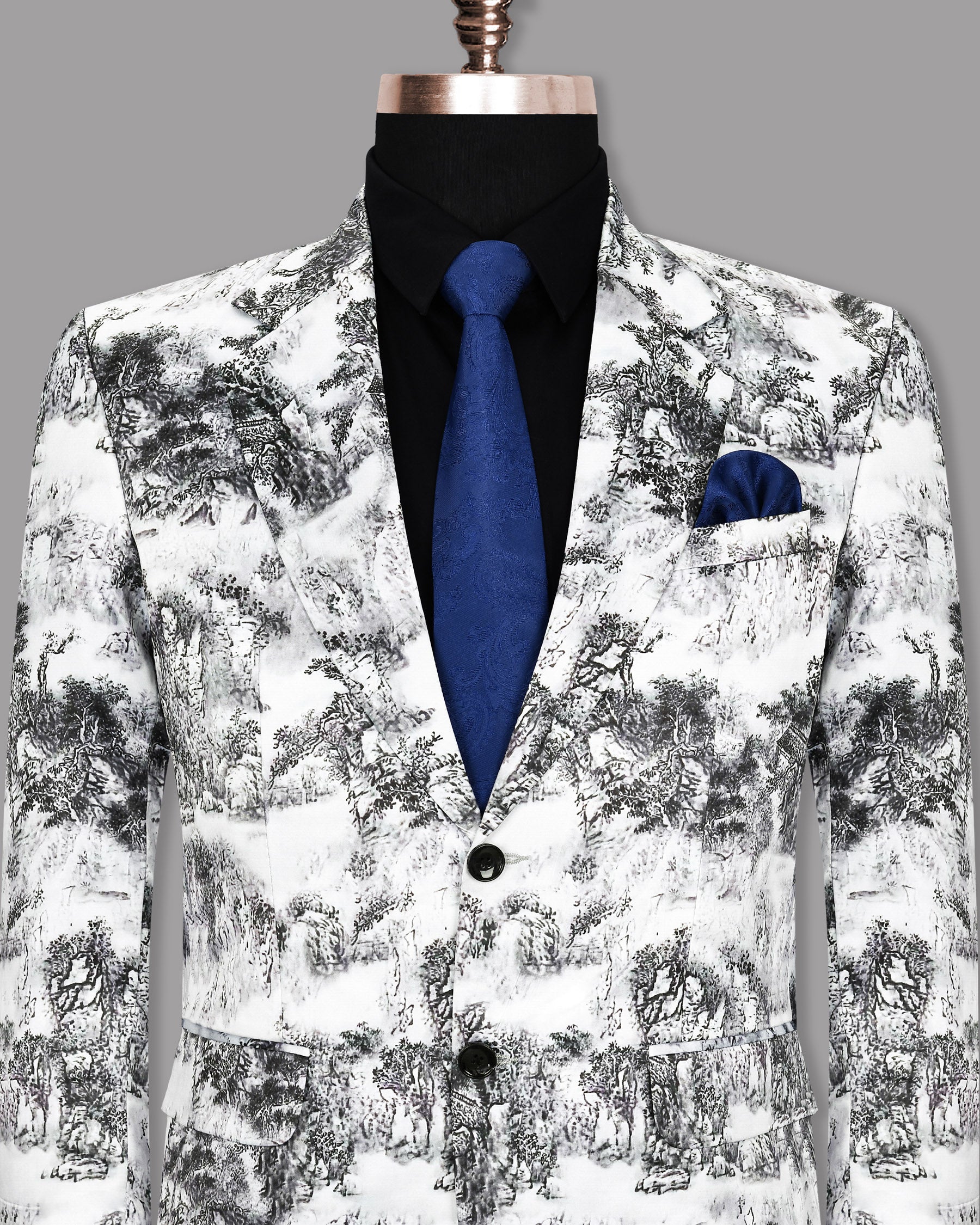 White with Black Jungle art Super Soft Premium Designer Blazer BL1163-SB-36, BL1163-SB-38, BL1163-SB-40, BL1163-SB-42, BL1163-SB-44, BL1163-SB-46, BL1163-SB-48, BL1163-SB-56, BL1163-SB-58, BL1163-SB-60, BL1163-SB-54, BL1163-SB-52, BL1163-SB-50