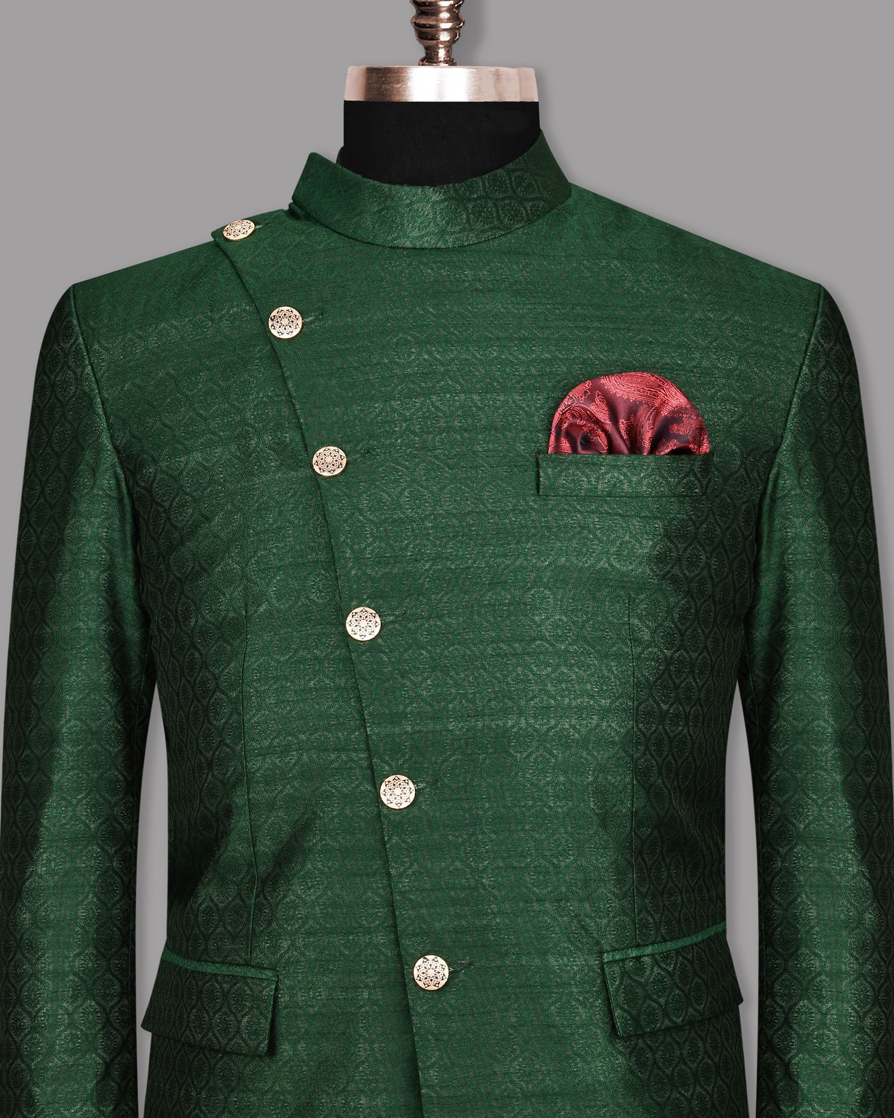 Everglade Green Jacquard Cross Buttoned Bandhgala/Mandarin Blazer BL1172-CBG2-42, BL1172-CBG2-48, BL1172-CBG2-60, BL1172-CBG2-44, BL1172-CBG2-46, BL1172-CBG2-56, BL1172-CBG2-58, BL1172-CBG2-36, BL1172-CBG2-38, BL1172-CBG2-40, BL1172-CBG2-50, BL1172-CBG2-52, BL1172-CBG2-54