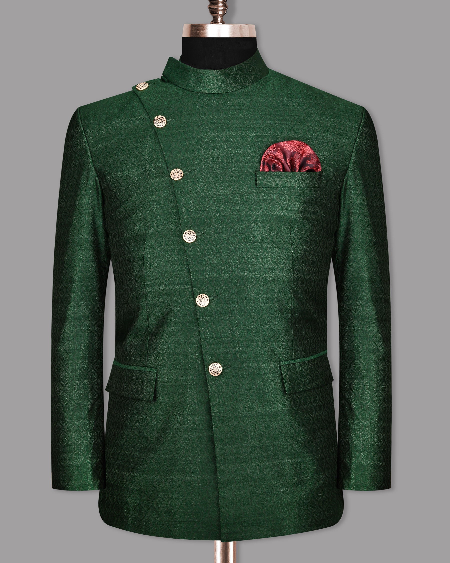 Everglade Green Jacquard Cross Placket Bandhgala/Mandarin Blazer