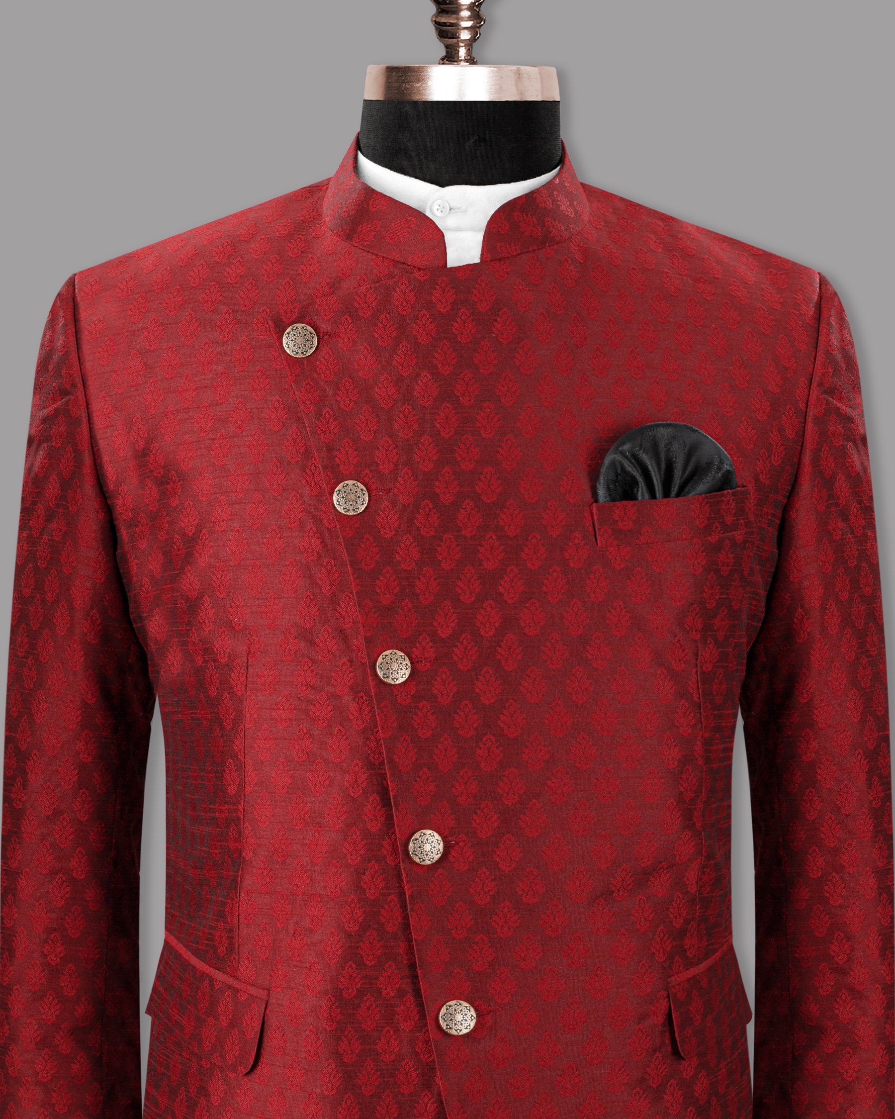 Burnt Umber Jacquard Cross Buttoned Bandhgala/Mandarin Blazer BL1184-CBG-36, BL1184-CBG-38, BL1184-CBG-40, BL1184-CBG-42, BL1184-CBG-44, BL1184-CBG-46, BL1184-CBG-48, BL1184-CBG-50, BL1184-CBG-52, BL1184-CBG-54, BL1184-CBG-56, BL1184-CBG-58, BL1184-CBG-60