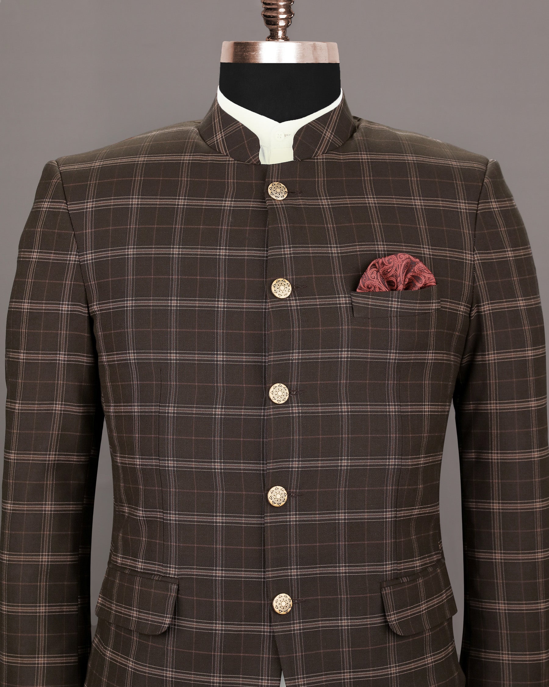 English Walnut Plaid Wool Rich Bandhgala Blazer BL1195-BG-52, BL1195-BG-58, BL1195-BG-38, BL1195-BG-56, BL1195-BG-36, BL1195-BG-46, BL1195-BG-40, BL1195-BG-42, BL1195-BG-48, BL1195-BG-44, BL1195-BG-50, BL1195-BG-54, BL1195-BG-60