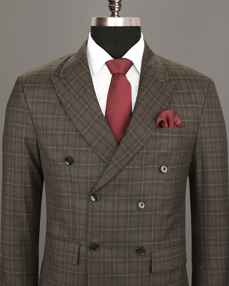 Taupe Brown Windowpane Wool Rich Double Breasted Blazer BL1202-DB-36, BL1202-DB-40, BL1202-DB-48, BL1202-DB-44, BL1202-DB-46, BL1202-DB-50, BL1202-DB-52, BL1202-DB-54, BL1202-DB-56, BL1202-DB-38, BL1202-DB-42, BL1202-DB-58, BL1202-DB-60