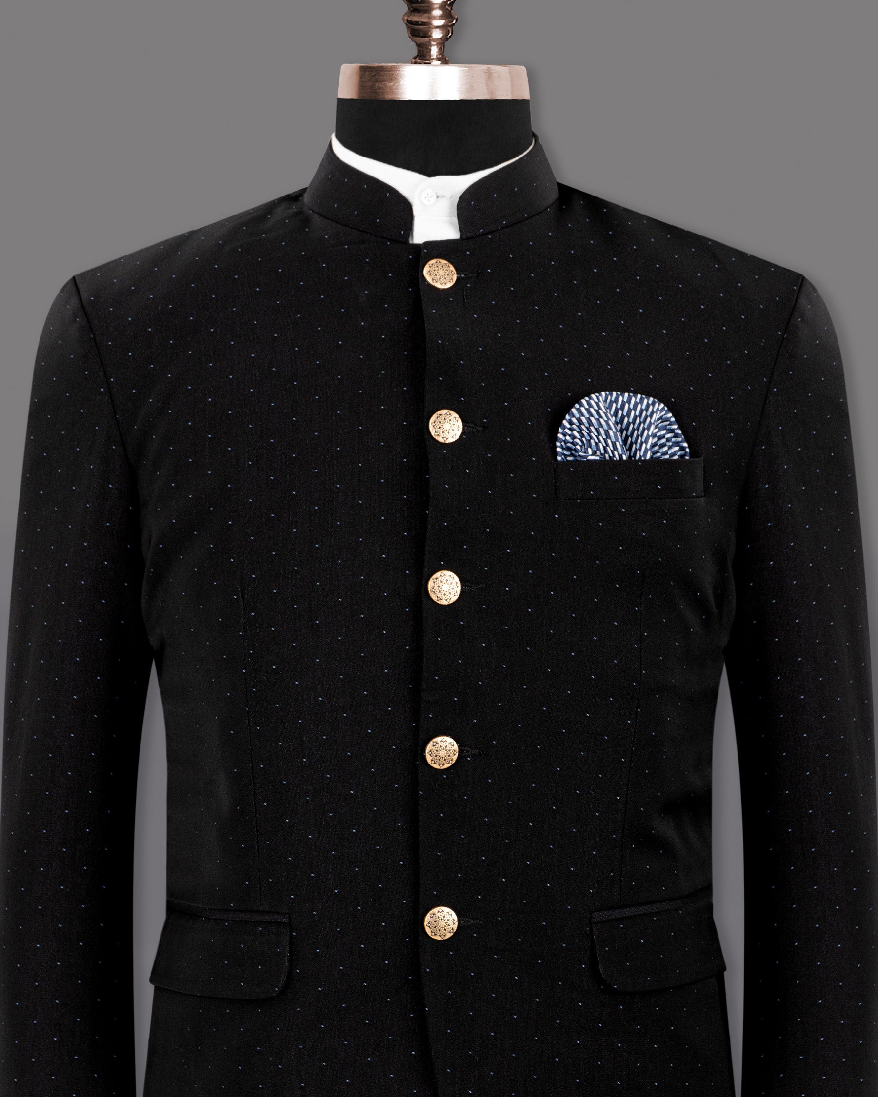 Jade Black with Havelock Blue Wool Rich Bandhgala/Mandarin Blazer BL1225-BG-60, BL1225-BG-36, BL1225-BG-40, BL1225-BG-42, BL1225-BG-46, BL1225-BG-54, BL1225-BG-56, BL1225-BG-38, BL1225-BG-44, BL1225-BG-48, BL1225-BG-50, BL1225-BG-52, BL1225-BG-58