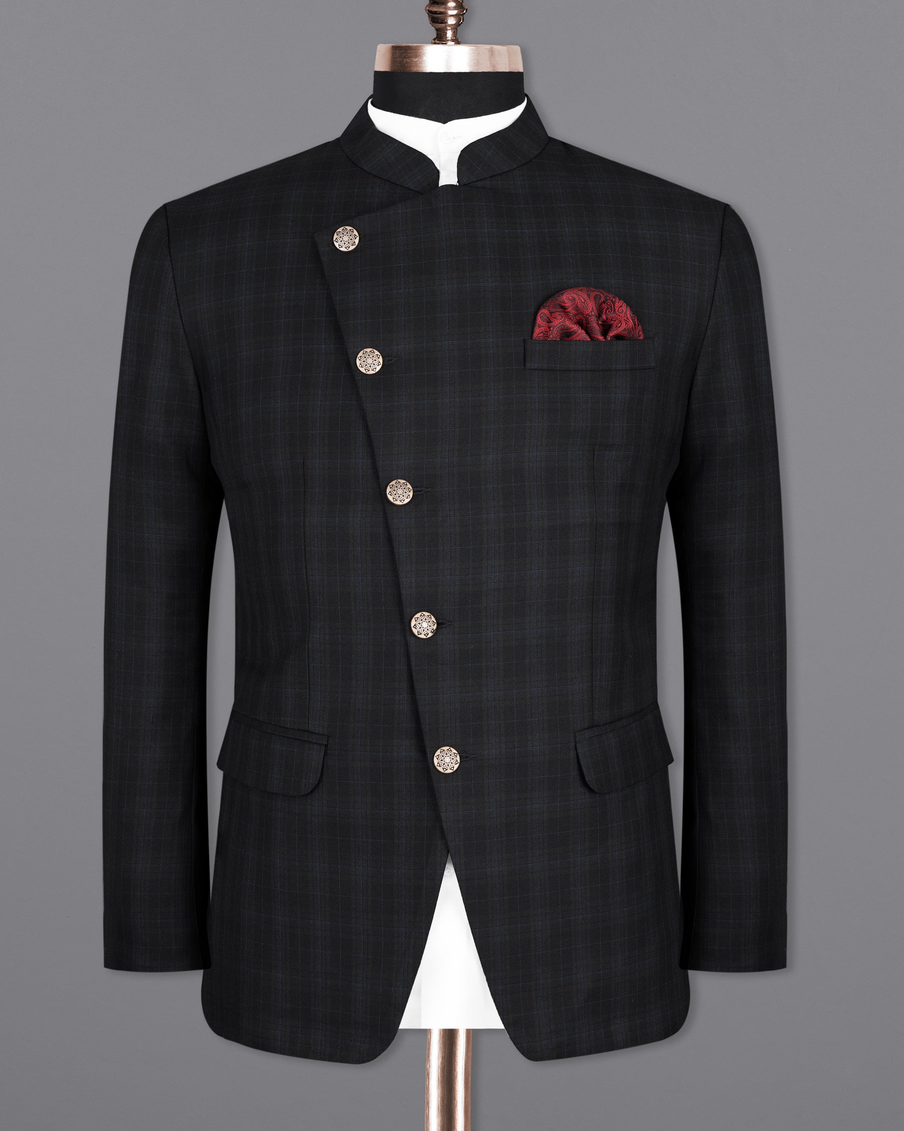 Mine Shaft Black Plaid Cross Buttoned Bandhgala Wool Rich Blazer BL1387-CBG-36, BL1387-CBG-38, BL1387-CBG-40, BL1387-CBG-42, BL1387-CBG-44, BL1387-CBG-46, BL1387-CBG-48, BL1387-CBG-50, BL1387-CBG-52, BL1387-CBG-54, BL1387-CBG-56, BL1387-CBG-58, BL1387-CBG-60