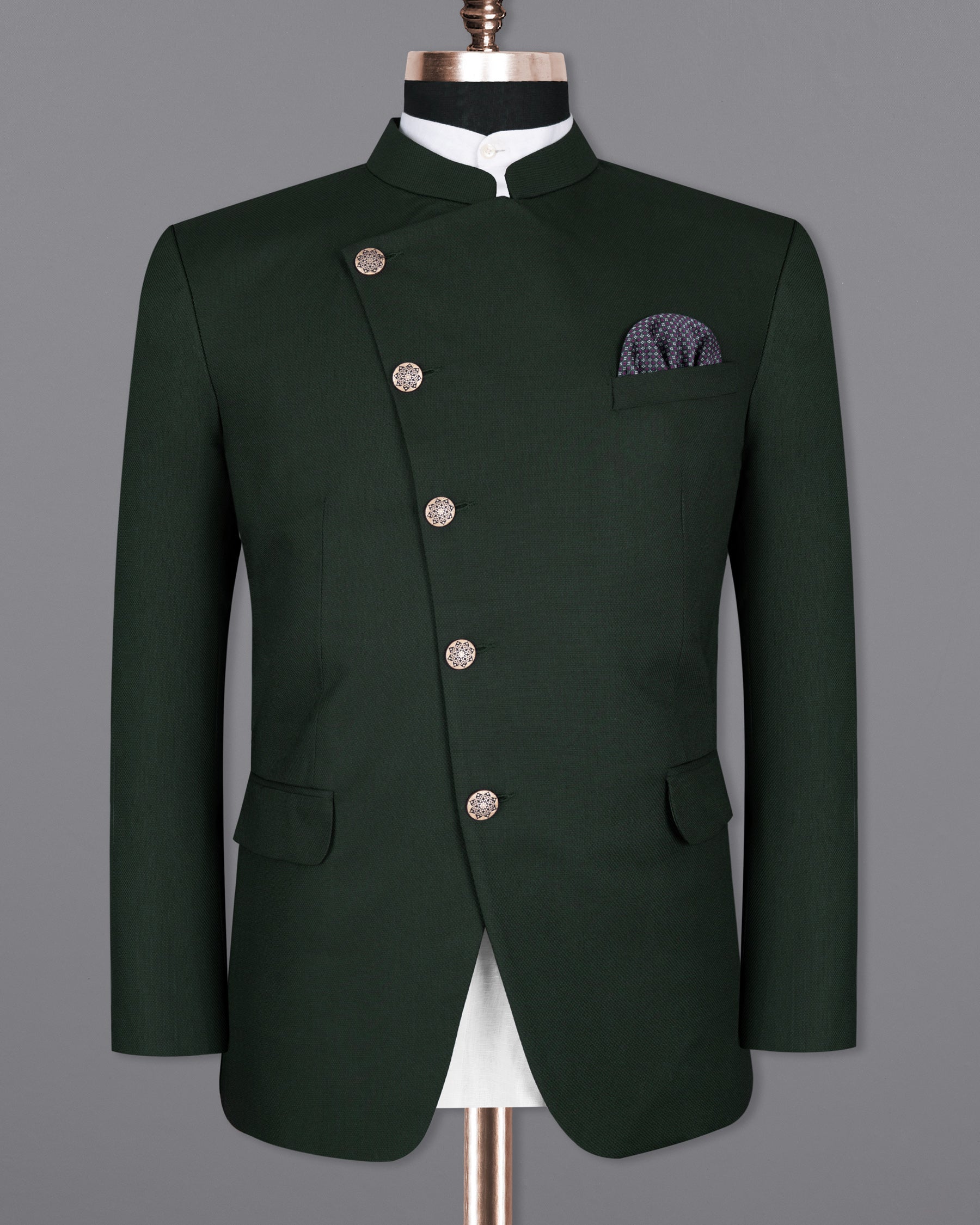 Celtic Green Textured Cross Buttoned Bandhgala Wool Rich Blazer BL1404-CBG-36, BL1404-CBG-38, BL1404-CBG-40, BL1404-CBG-42, BL1404-CBG-44, BL1404-CBG-46, BL1404-CBG-48, BL1404-CBG-50, BL1404-CBG-52, BL1404-CBG-54, BL1404-CBG-56, BL1404-CBG-58, BL1404-CBG-60