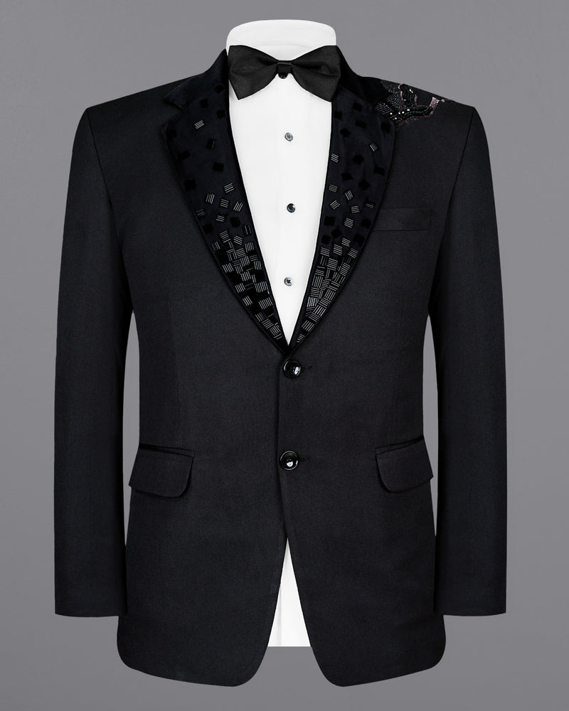 JADE BLACK SUBTLE SHEEN SWAN PATTERNED WOOL RICH TUXEDO BLAZER
