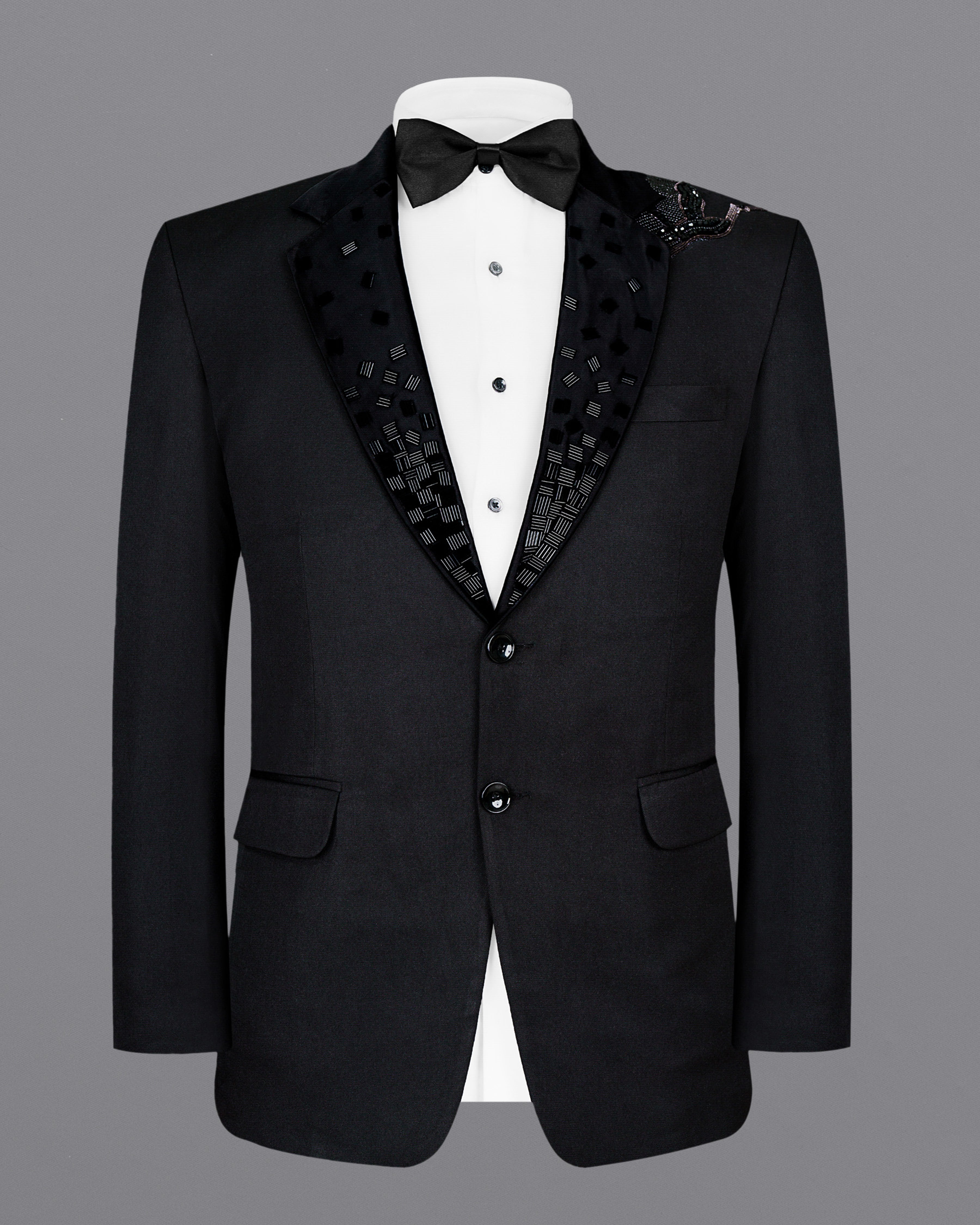 Jade Black Stretchable Subtle Sheen Swan Patterned Wool Rich Tuxedo Blazer