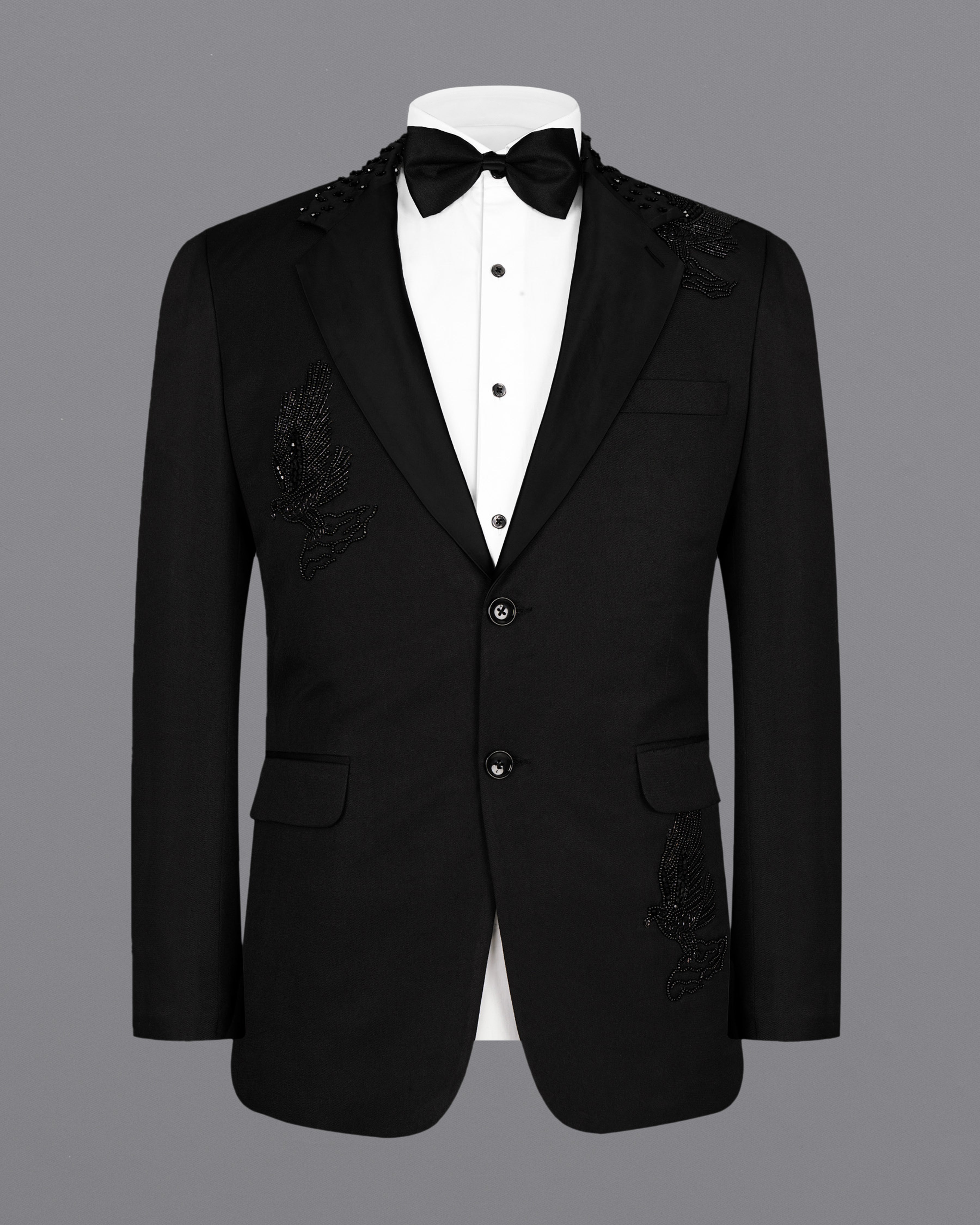 Jade Black Subtle Sheen Pigeon Patterned Wool Rich Tuxedo Blazer