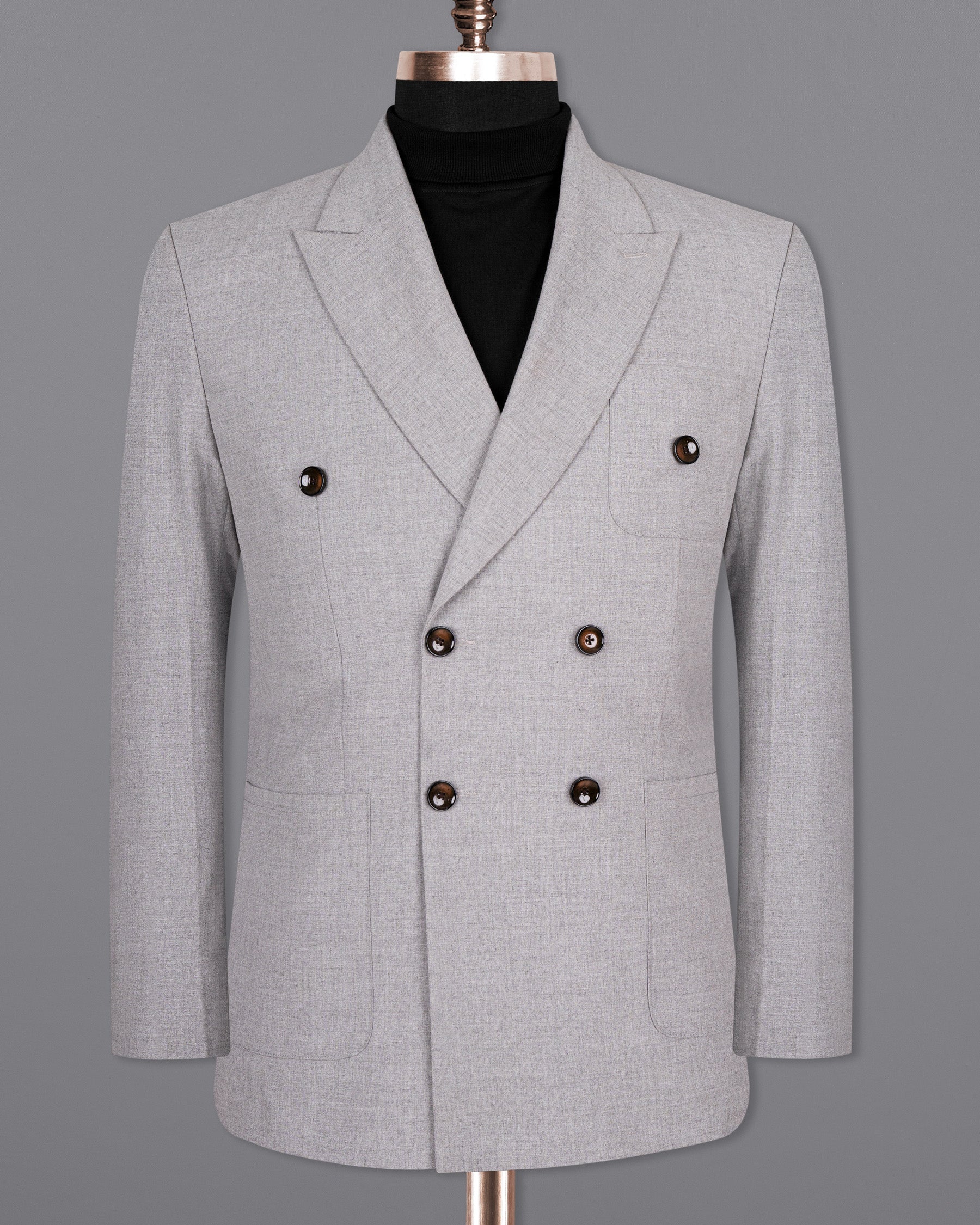 French Gray Textured Double Breasted Premium Wool-Blend Blazers