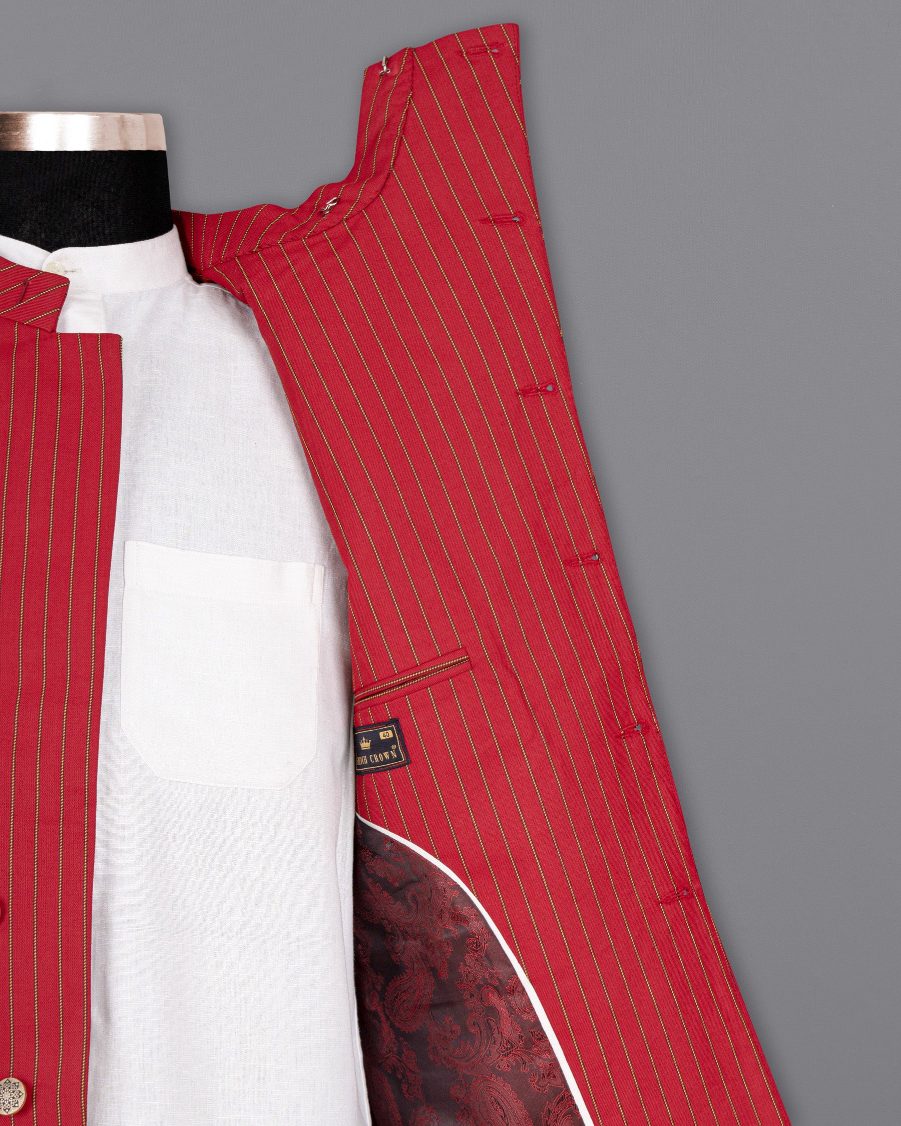 Medium Carmine Red Striped Wool Rich Cross Placket Bandhgala Blazer