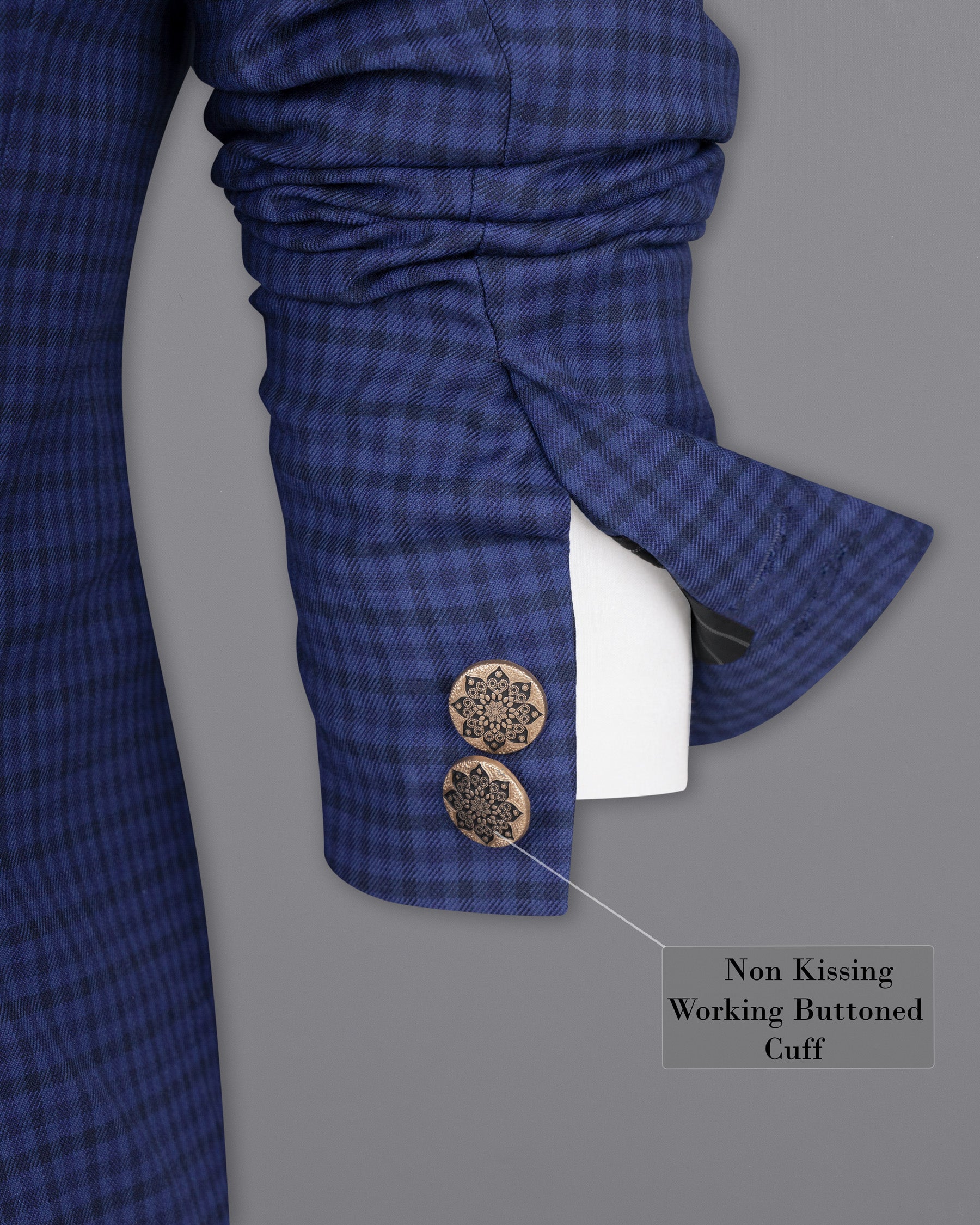 Rhino Blue Checkered Cross Buttoned Wool Rich Bandhgala Blazer BL1585-CBG-36, BL1585-CBG-38, BL1585-CBG-40, BL1585-CBG-42, BL1585-CBG-44, BL1585-CBG-46, BL1585-CBG-48, BL1585-CBG-50, BL1585-CBG-52, BL1585-CBG-54, BL1585-CBG-56, BL1585-CBG-58, BL1585-CBG-60