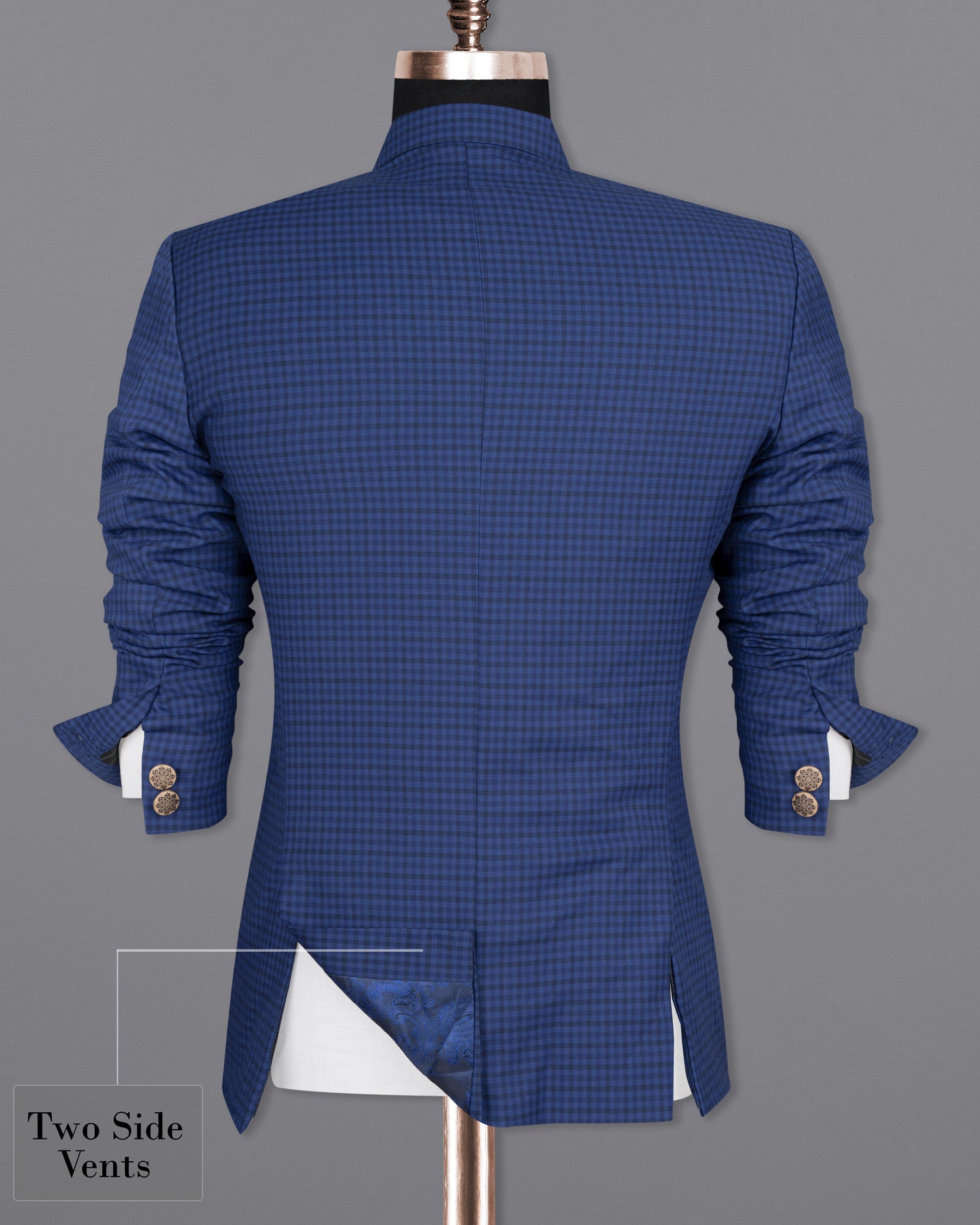 Rhino Blue Checkered Cross Buttoned Wool Rich Bandhgala Blazer BL1585-CBG-36, BL1585-CBG-38, BL1585-CBG-40, BL1585-CBG-42, BL1585-CBG-44, BL1585-CBG-46, BL1585-CBG-48, BL1585-CBG-50, BL1585-CBG-52, BL1585-CBG-54, BL1585-CBG-56, BL1585-CBG-58, BL1585-CBG-60