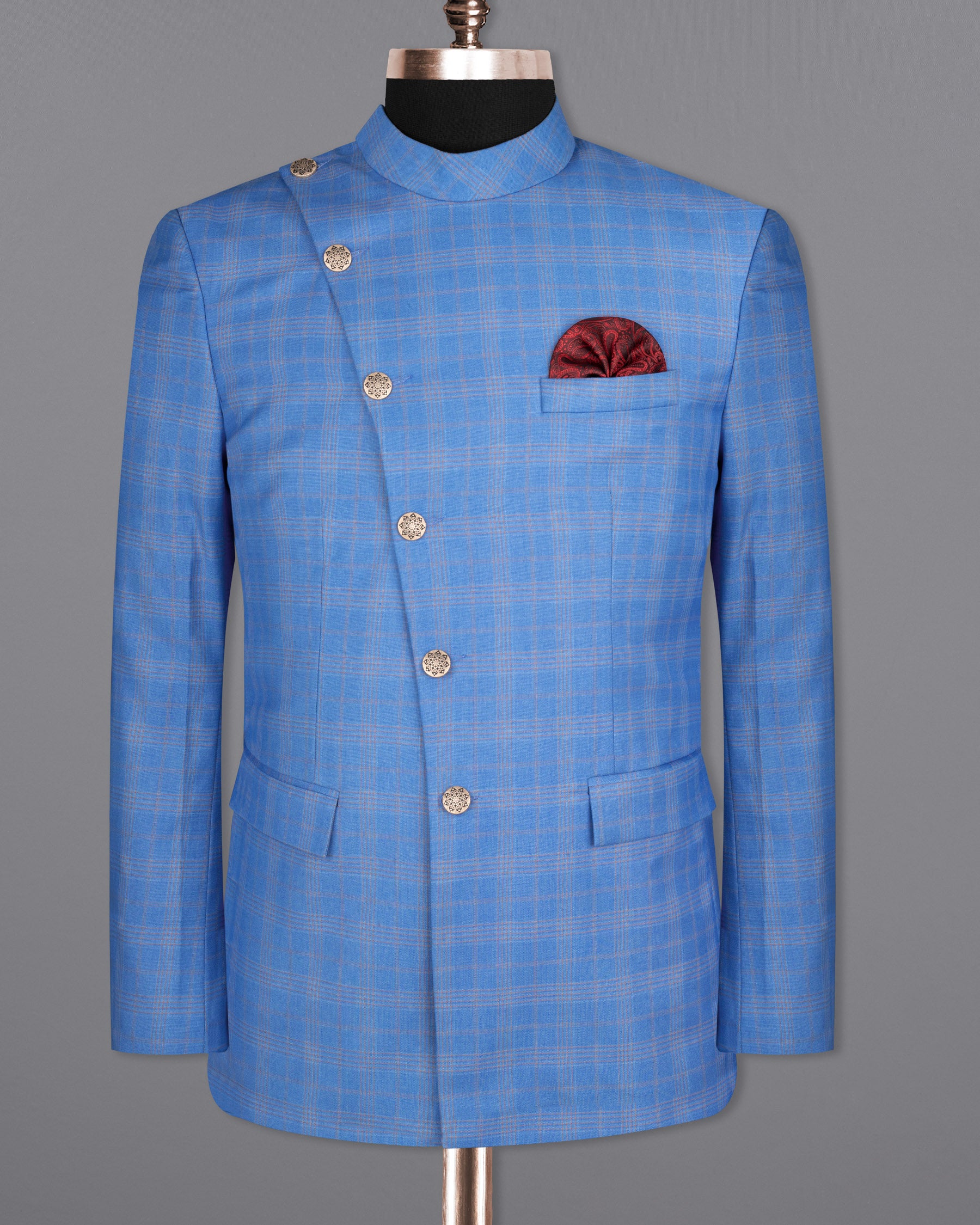 Jordy Blue Plaid Woolrich Cross buttoned Bandhgala Blazer BL1636-CBG2-36, BL1636-CBG2-38, BL1636-CBG2-40, BL1636-CBG2-42, BL1636-CBG2-44, BL1636-CBG2-46, BL1636-CBG2-48, BL1636-CBG2-50, BL1636-CBG2-52, BL1636-CBG2-54, BL1636-CBG2-56, BL1636-CBG2-58, BL1636-CBG2-60