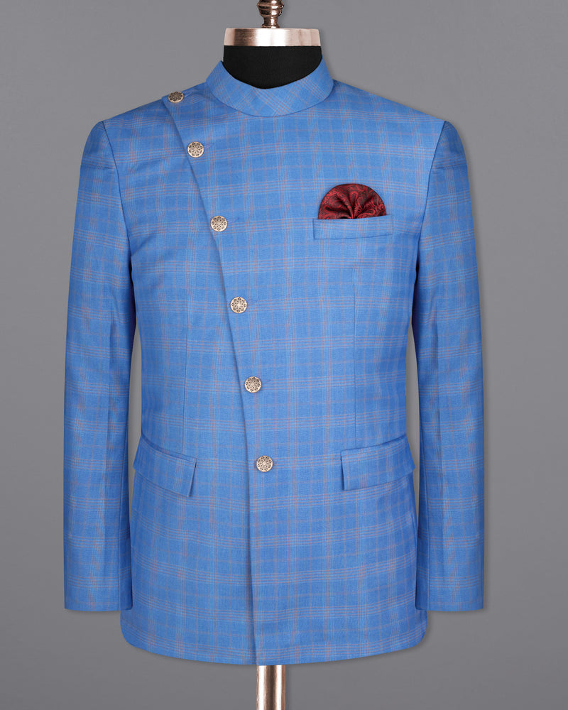 Jordy Blue Plaid Woolrich Cross buttoned Bandhgala Blazer BL1636-CBG2-36, BL1636-CBG2-38, BL1636-CBG2-40, BL1636-CBG2-42, BL1636-CBG2-44, BL1636-CBG2-46, BL1636-CBG2-48, BL1636-CBG2-50, BL1636-CBG2-52, BL1636-CBG2-54, BL1636-CBG2-56, BL1636-CBG2-58, BL1636-CBG2-60