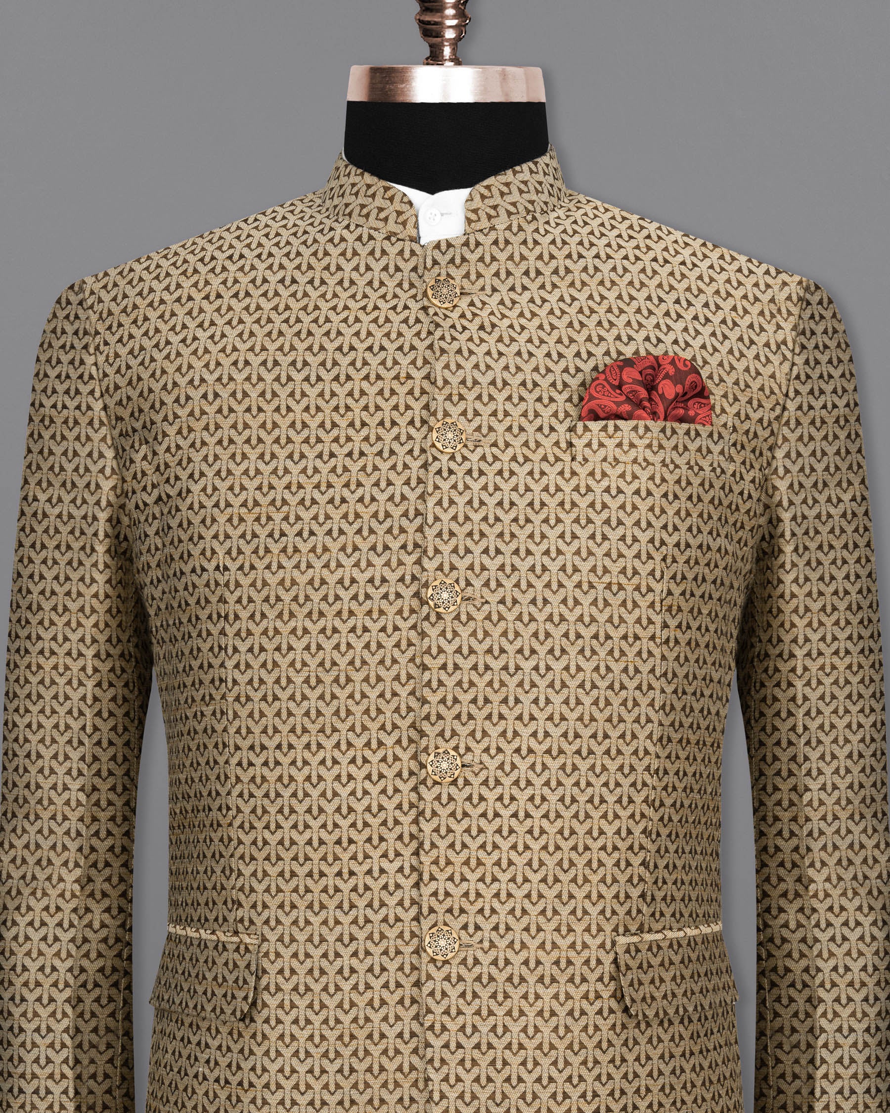 Shingle Fawn Brown and Sapling Beige Cross Buttoned Bandhgala Designer Blazer BL1675-BG-36, BL1675-BG-38, BL1675-BG-40, BL1675-BG-42, BL1675-BG-44, BL1675-BG-46, BL1675-BG-48, BL1675-BG-50, BL1675-BG-52, BL1675-BG-54, BL1675-BG-56, BL1675-BG-58, BL1675-BG-60