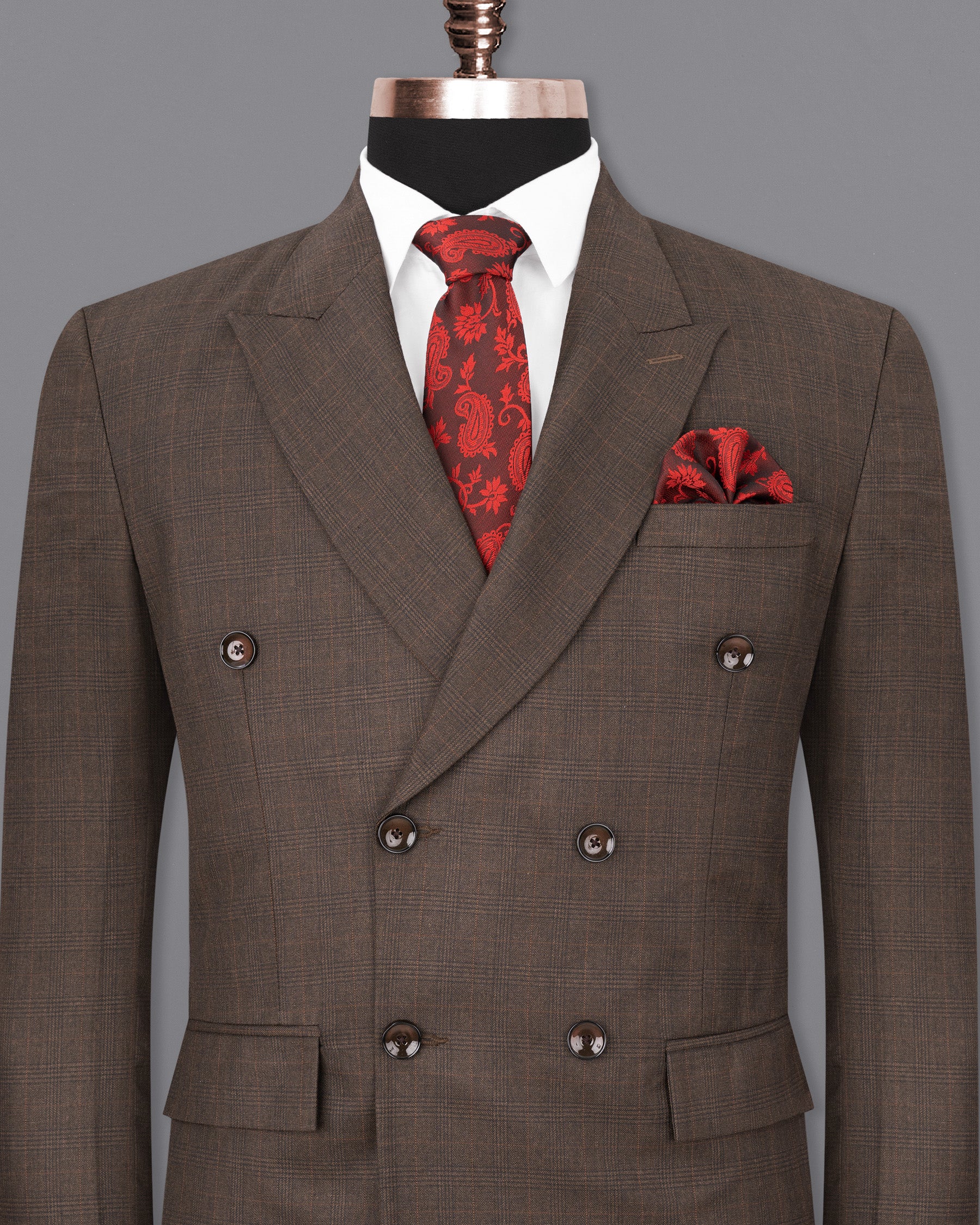 Wenge Brown Subtle Plaid Double Breasted Blazer