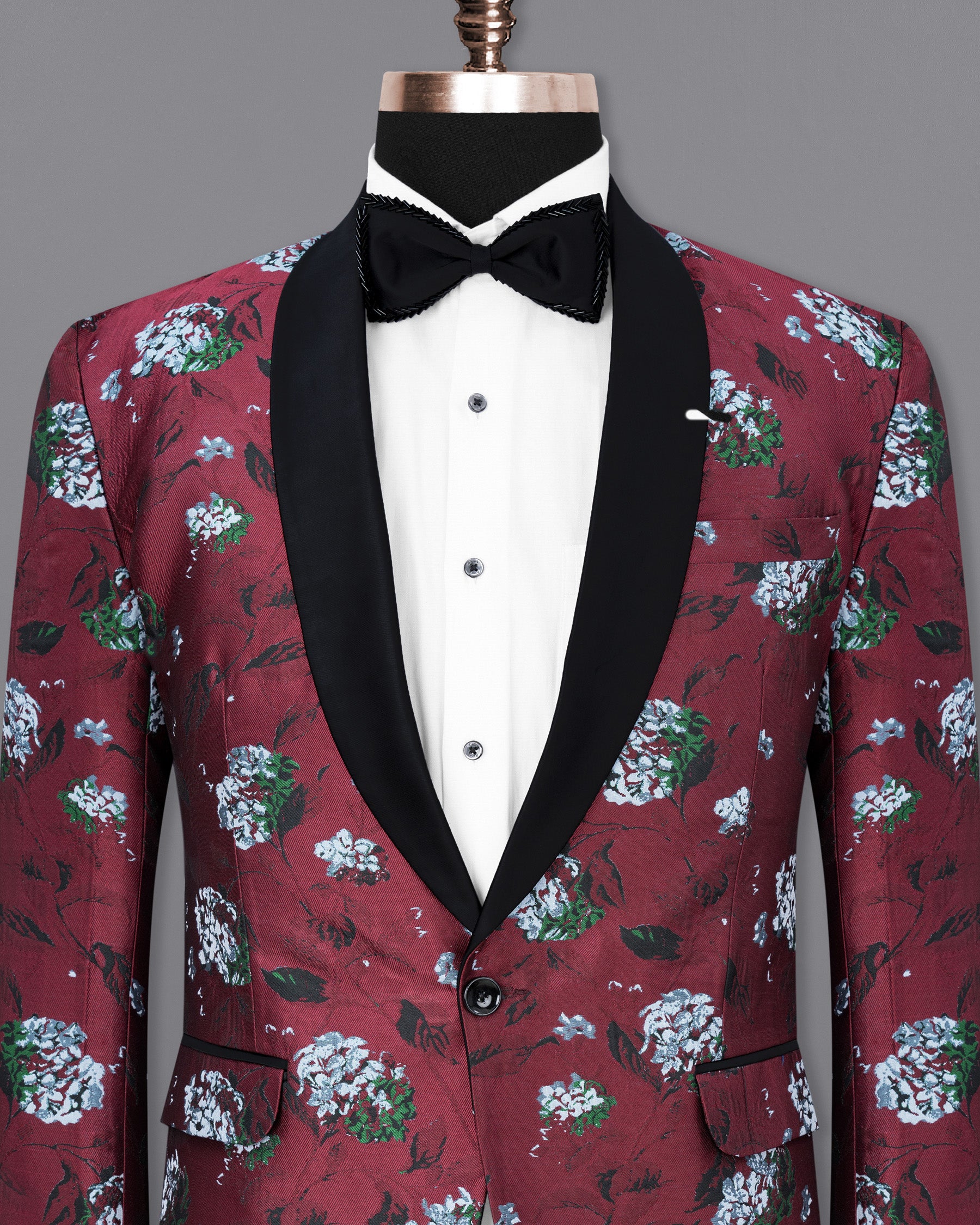 Aubergine Floral Printed and Textured Tuxedo Blazer BL1785-BKL-36, BL1785-BKL-38, BL1785-BKL-40, BL1785-BKL-42, BL1785-BKL-44, BL1785-BKL-46, BL1785-BKL-48, BL1785-BKL-50, BL1785-BKL-52, BL1785-BKL-54, BL1785-BKL-56, BL1785-BKL-58, BL1785-BKL-60