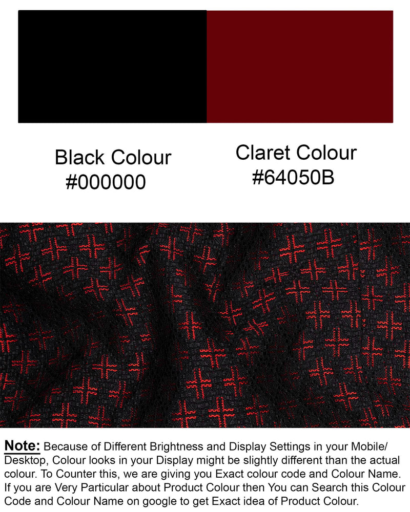 Claret Red and Jade Black Houndstooth Texture Cross Placket Bandhgala Blazer