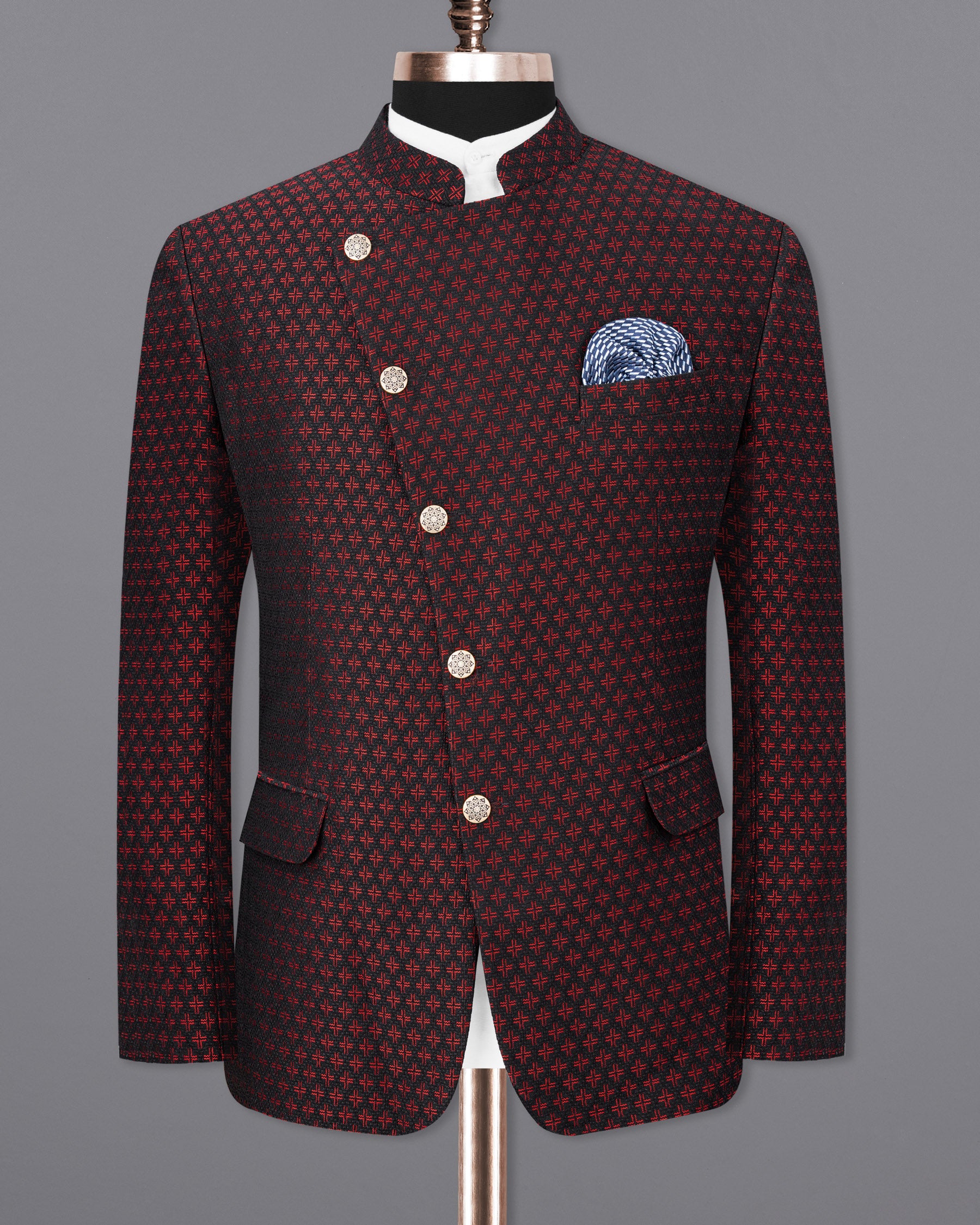 Claret Red and Jade Black Houndstooth Texture Cross Buttoned Bandhgala Blazer BL1786-CBG-36, BL1786-CBG-38, BL1786-CBG-40, BL1786-CBG-42, BL1786-CBG-44, BL1786-CBG-46, BL1786-CBG-48, BL1786-CBG-50, BL1786-CBG-52, BL1786-CBG-54, BL1786-CBG-56, BL1786-CBG-58, BL1786-CBG-60