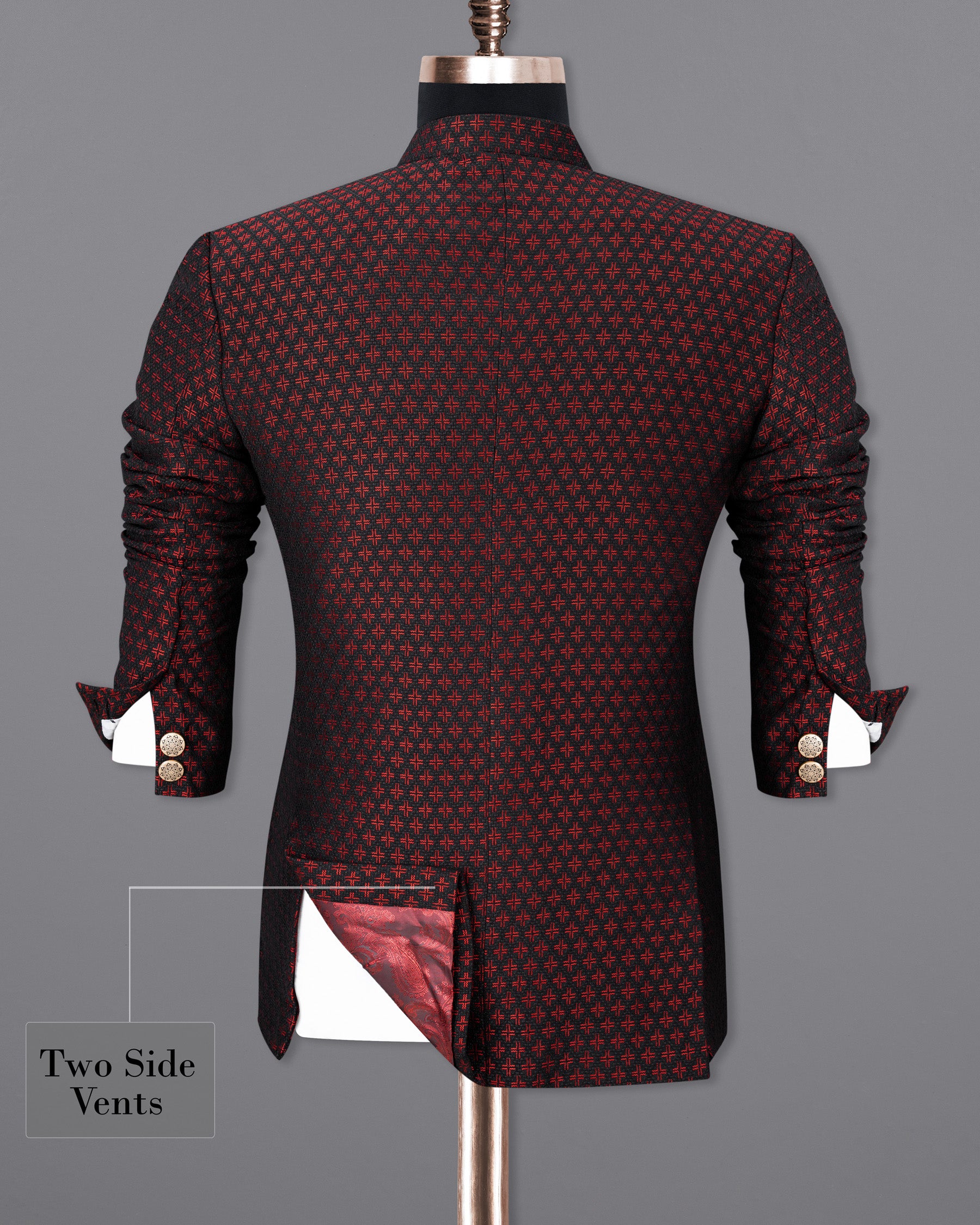 Claret Red and Jade Black Houndstooth Texture Cross Buttoned Bandhgala Blazer BL1786-CBG-36, BL1786-CBG-38, BL1786-CBG-40, BL1786-CBG-42, BL1786-CBG-44, BL1786-CBG-46, BL1786-CBG-48, BL1786-CBG-50, BL1786-CBG-52, BL1786-CBG-54, BL1786-CBG-56, BL1786-CBG-58, BL1786-CBG-60