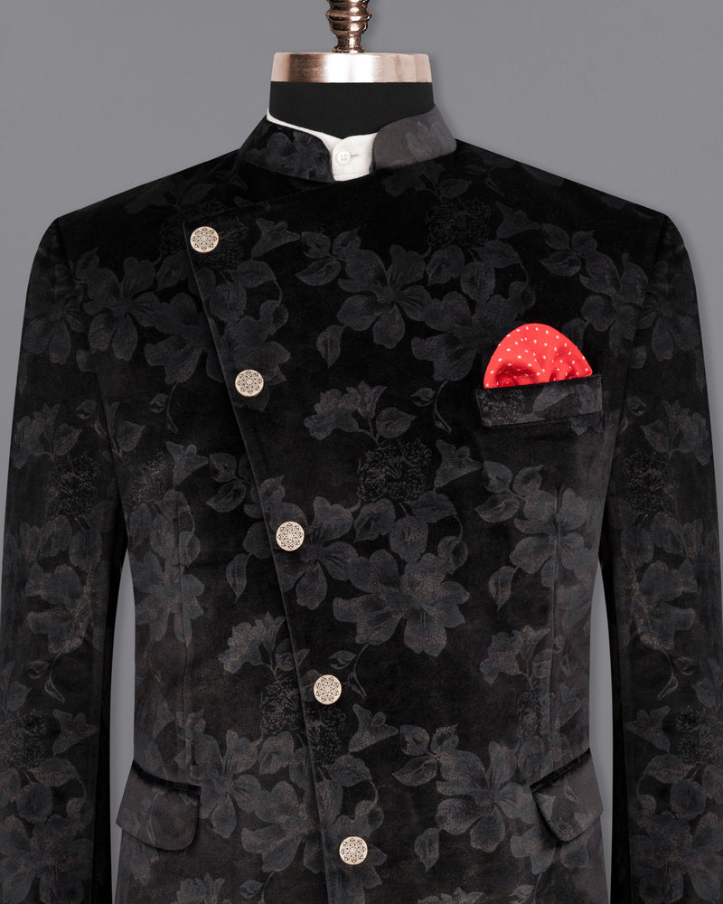 Jade Black Damask Inspired velvet Designed Cross-Buttoned Bandhgala Blazer BL1804-CBG-36, BL1804-CBG-38, BL1804-CBG-40, BL1804-CBG-42, BL1804-CBG-44, BL1804-CBG-46, BL1804-CBG-48, BL1804-CBG-50, BL1804-CBG-52, BL1804-CBG-54, BL1804-CBG-56, BL1804-CBG-58, BL1804-CBG-60