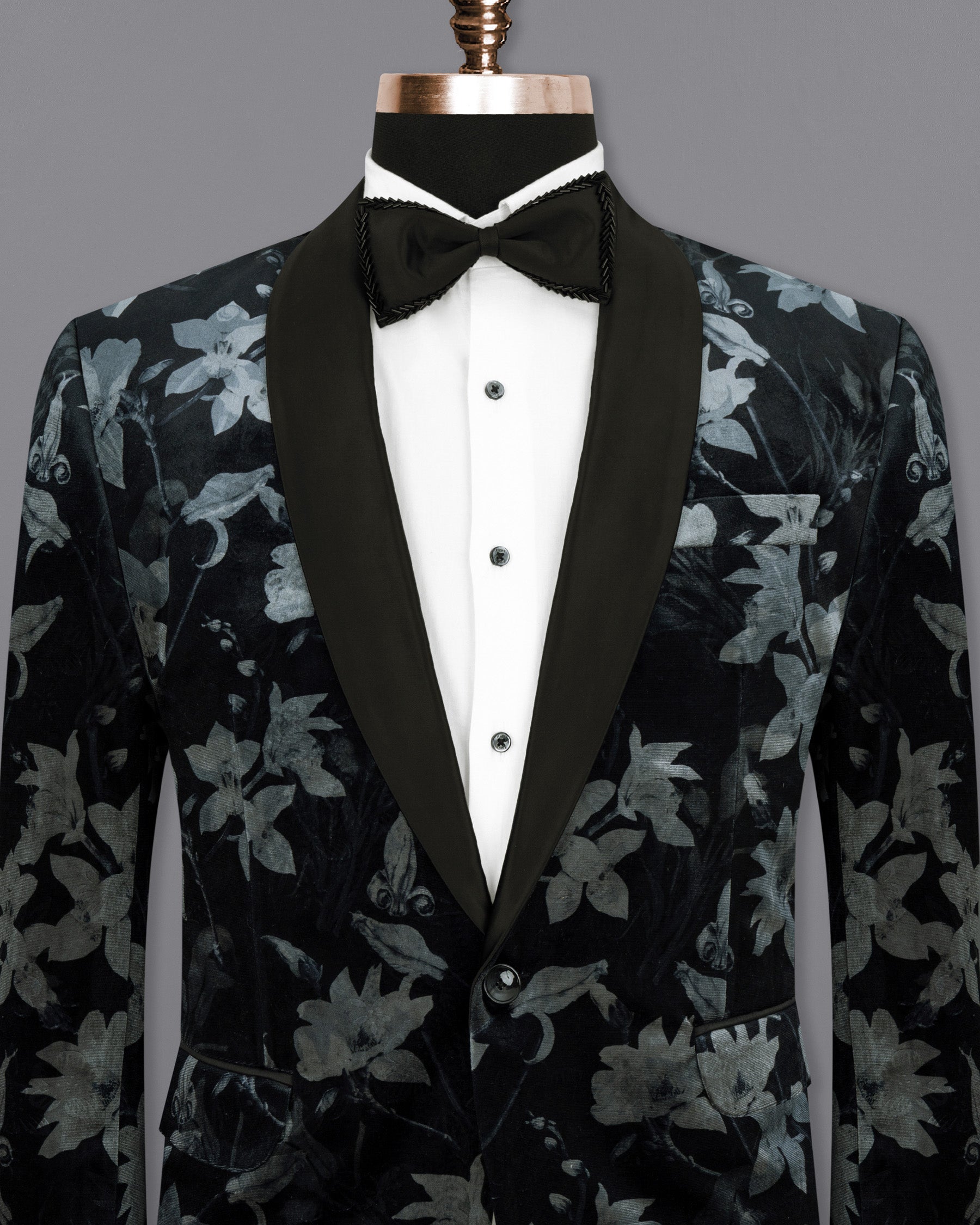 Jade Black and Languid Floral velvet Designer Tuxedo Blazer BL1806-BKL-36, BL1806-BKL-38, BL1806-BKL-40, BL1806-BKL-42, BL1806-BKL-44, BL1806-BKL-46, BL1806-BKL-48, BL1806-BKL-50, BL1806-BKL-52, BL1806-BKL-54, BL1806-BKL-56, BL1806-BKL-58, BL1806-BKL-60