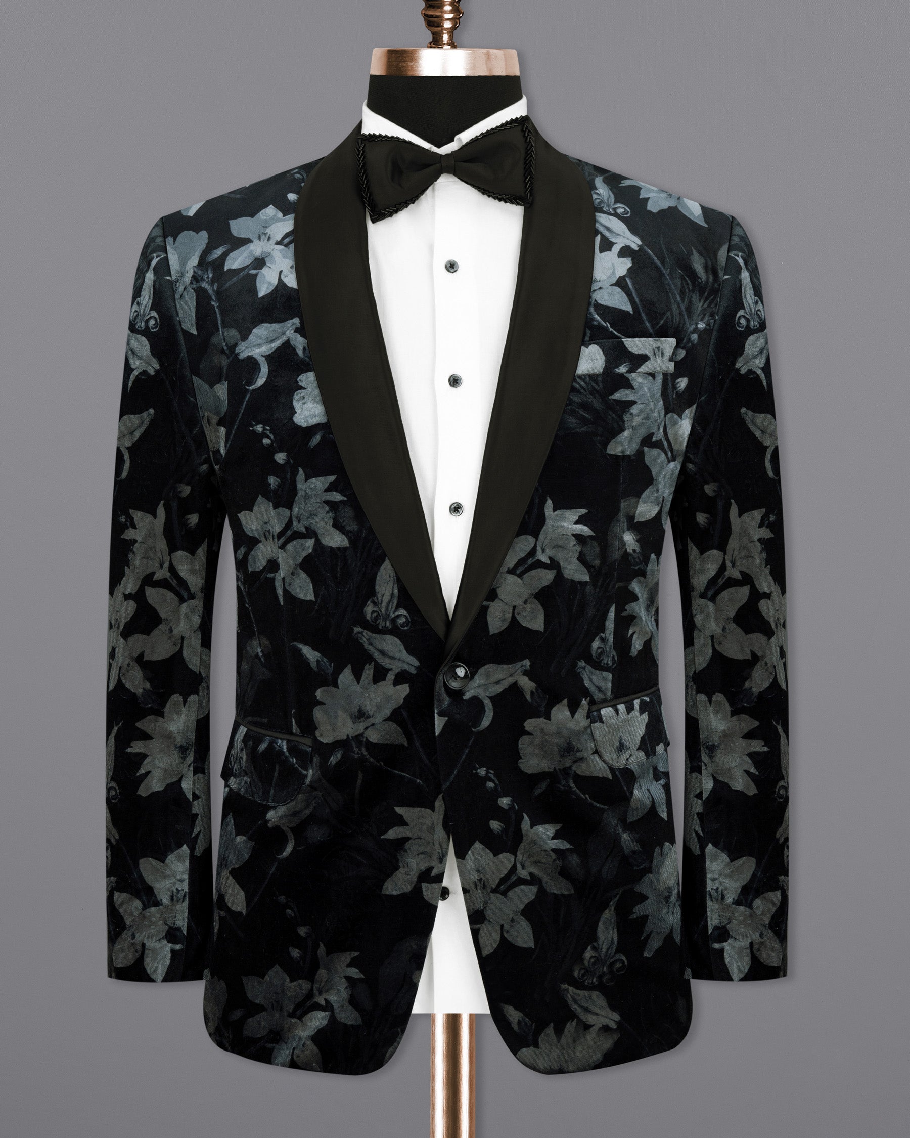 Jade Black and Languid Floral velvet Designer Tuxedo Blazer BL1806-BKL-36, BL1806-BKL-38, BL1806-BKL-40, BL1806-BKL-42, BL1806-BKL-44, BL1806-BKL-46, BL1806-BKL-48, BL1806-BKL-50, BL1806-BKL-52, BL1806-BKL-54, BL1806-BKL-56, BL1806-BKL-58, BL1806-BKL-60