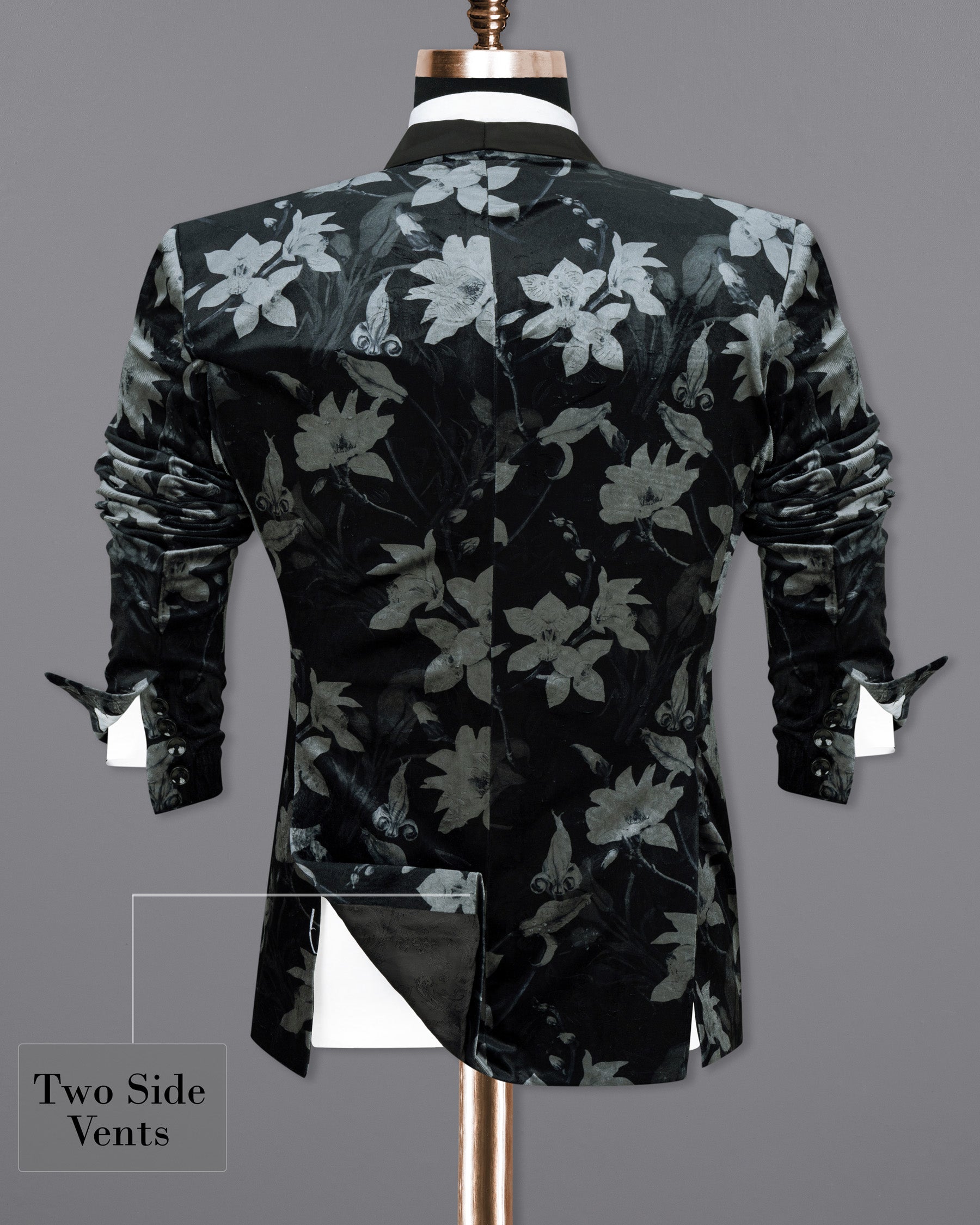 Jade Black and Languid Floral velvet Designer Tuxedo Blazer BL1806-BKL-36, BL1806-BKL-38, BL1806-BKL-40, BL1806-BKL-42, BL1806-BKL-44, BL1806-BKL-46, BL1806-BKL-48, BL1806-BKL-50, BL1806-BKL-52, BL1806-BKL-54, BL1806-BKL-56, BL1806-BKL-58, BL1806-BKL-60