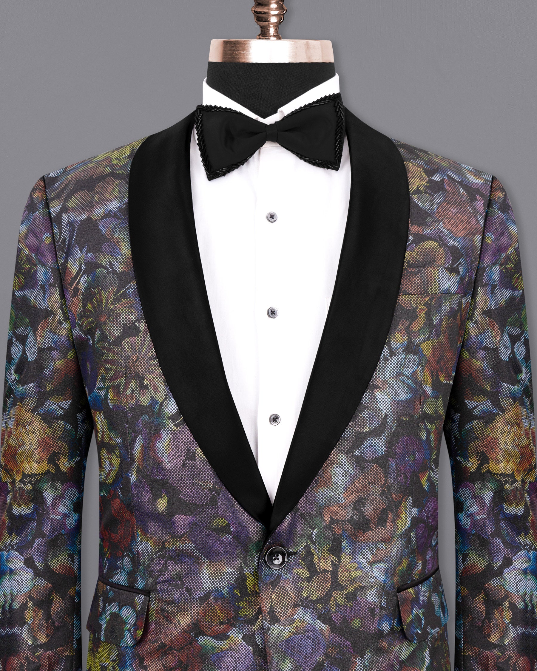 Onyx Black With Multicolour Retro Floral Designer Tuxedo Blazer BL1807-BKL-36, BL1807-BKL-38, BL1807-BKL-40, BL1807-BKL-42, BL1807-BKL-44, BL1807-BKL-46, BL1807-BKL-48, BL1807-BKL-50, BL1807-BKL-52, BL1807-BKL-54, BL1807-BKL-56, BL1807-BKL-58, BL1807-BKL-60