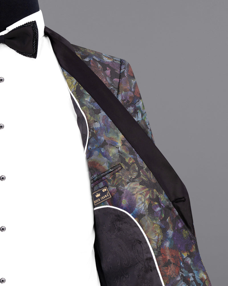 Onyx Black With Multicolour Retro Floral Designer Tuxedo Blazer