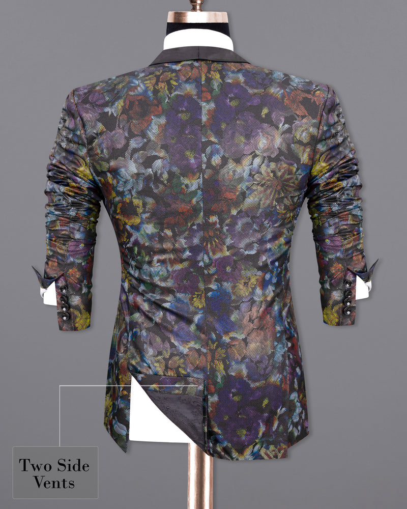 Onyx Black With Multicolour Retro Floral Designer Tuxedo Blazer BL1807-BKL-36, BL1807-BKL-38, BL1807-BKL-40, BL1807-BKL-42, BL1807-BKL-44, BL1807-BKL-46, BL1807-BKL-48, BL1807-BKL-50, BL1807-BKL-52, BL1807-BKL-54, BL1807-BKL-56, BL1807-BKL-58, BL1807-BKL-60