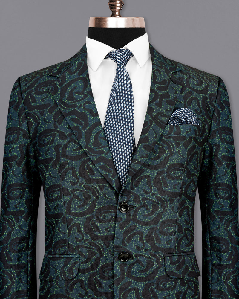 Jade Black and Firefly Green Rose Patterned Designer Blazer BL1808-SB-36, BL1808-SB-38, BL1808-SB-40, BL1808-SB-42, BL1808-SB-44, BL1808-SB-46, BL1808-SB-48, BL1808-SB-50, BL1808-SB-52, BL1808-SB-54, BL1808-SB-56, BL1808-SB-58, BL1808-SB-60