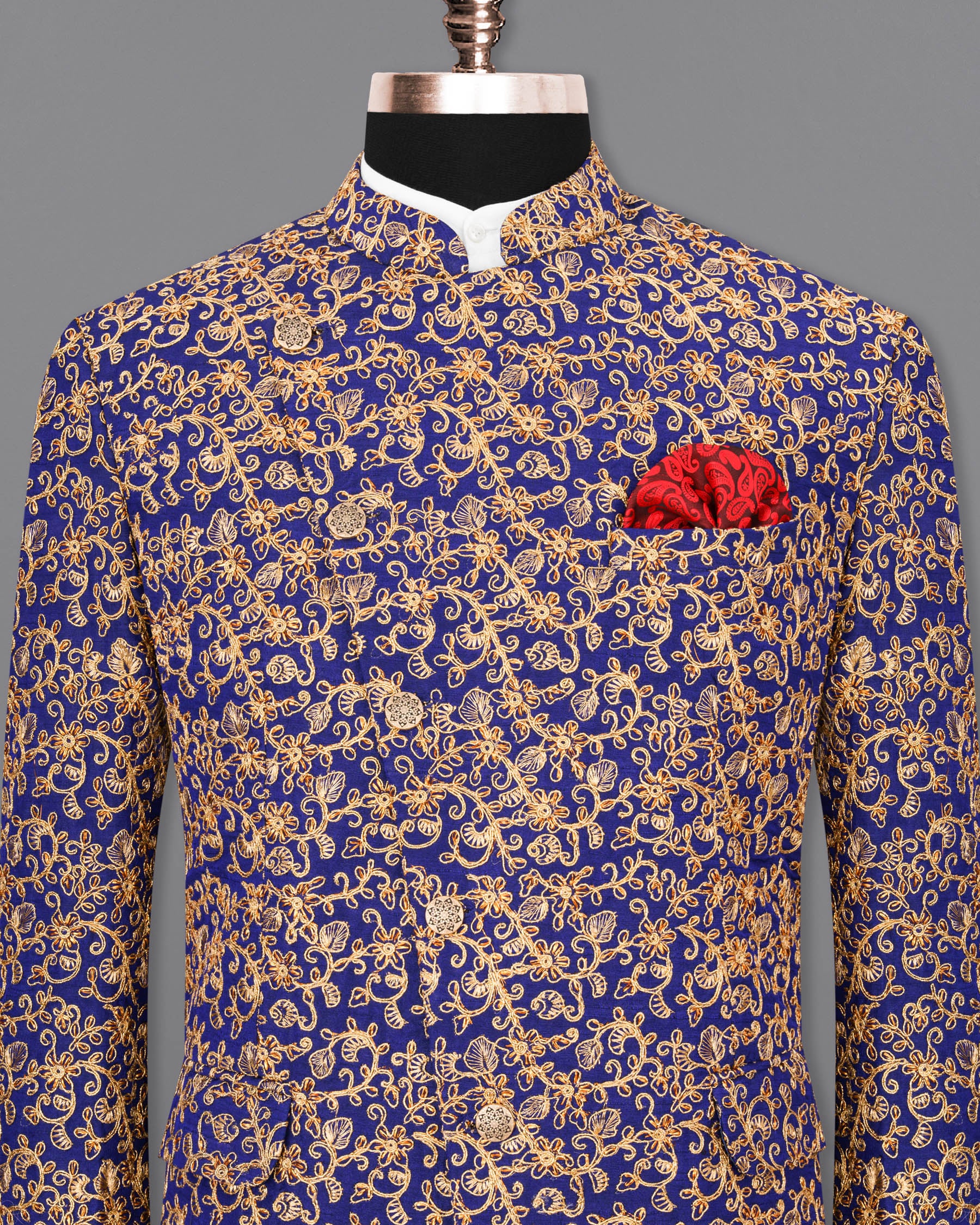 Meteorite Blue and Fawn Cross-Button Bandhgala Designer Blazer BL1814-CBG-36, BL1814-CBG-38, BL1814-CBG-40, BL1814-CBG-42, BL1814-CBG-44, BL1814-CBG-46, BL1814-CBG-48, BL1814-CBG-50, BL1814-CBG-52, BL1814-CBG-54, BL1814-CBG-56, BL1814-CBG-58, BL1814-CBG-60