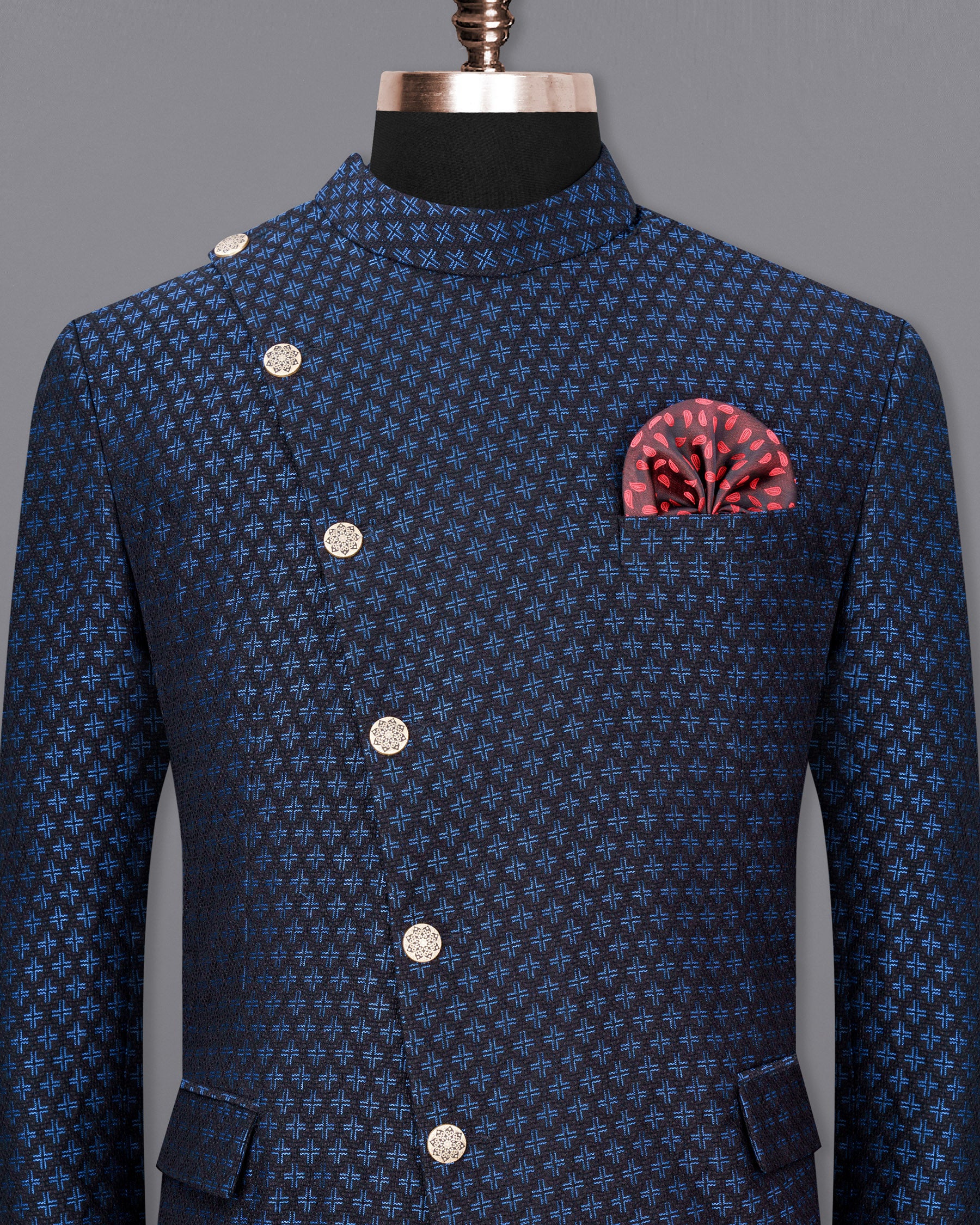 Jade Black and Mariner Blue Plus sign Textured Cross-Button Bandhgala Designer Blazer BL1815-CBG2-36, BL1815-CBG2-38, BL1815-CBG2-40, BL1815-CBG2-42, BL1815-CBG2-44, BL1815-CBG2-46, BL1815-CBG2-48, BL1815-CBG2-50, BL1815-CBG2-52, BL1815-CBG2-54, BL1815-CBG2-56, BL1815-CBG2-58, BL1815-CBG2-60