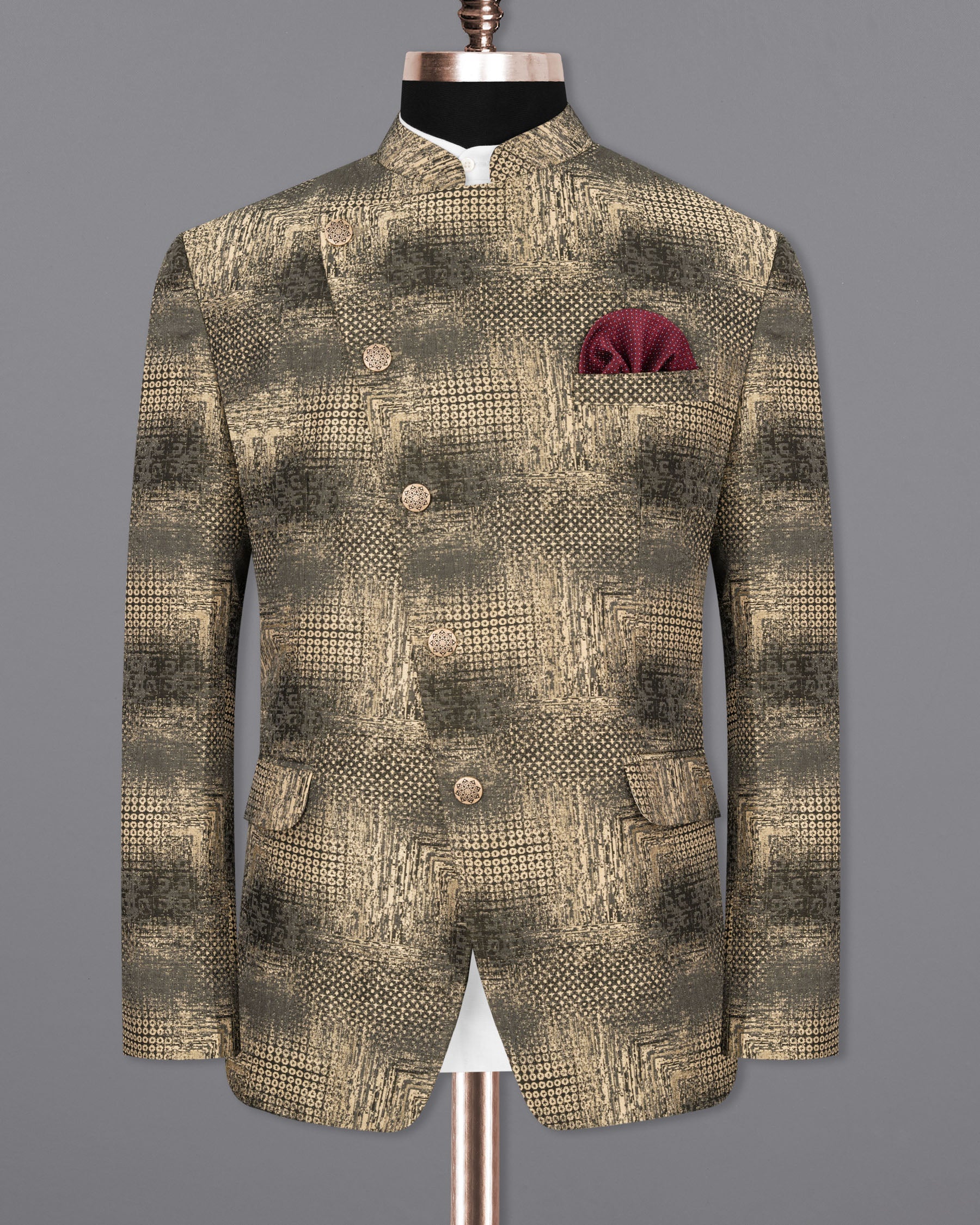 Sandrift and Gravel Cross-Button Bandhgala Designer Blazer BL1816-CBG-36, BL1816-CBG-38, BL1816-CBG-40, BL1816-CBG-42, BL1816-CBG-44, BL1816-CBG-46, BL1816-CBG-48, BL1816-CBG-50, BL1816-CBG-52, BL1816-CBG-54, BL1816-CBG-56, BL1816-CBG-58, BL1816-CBG-60