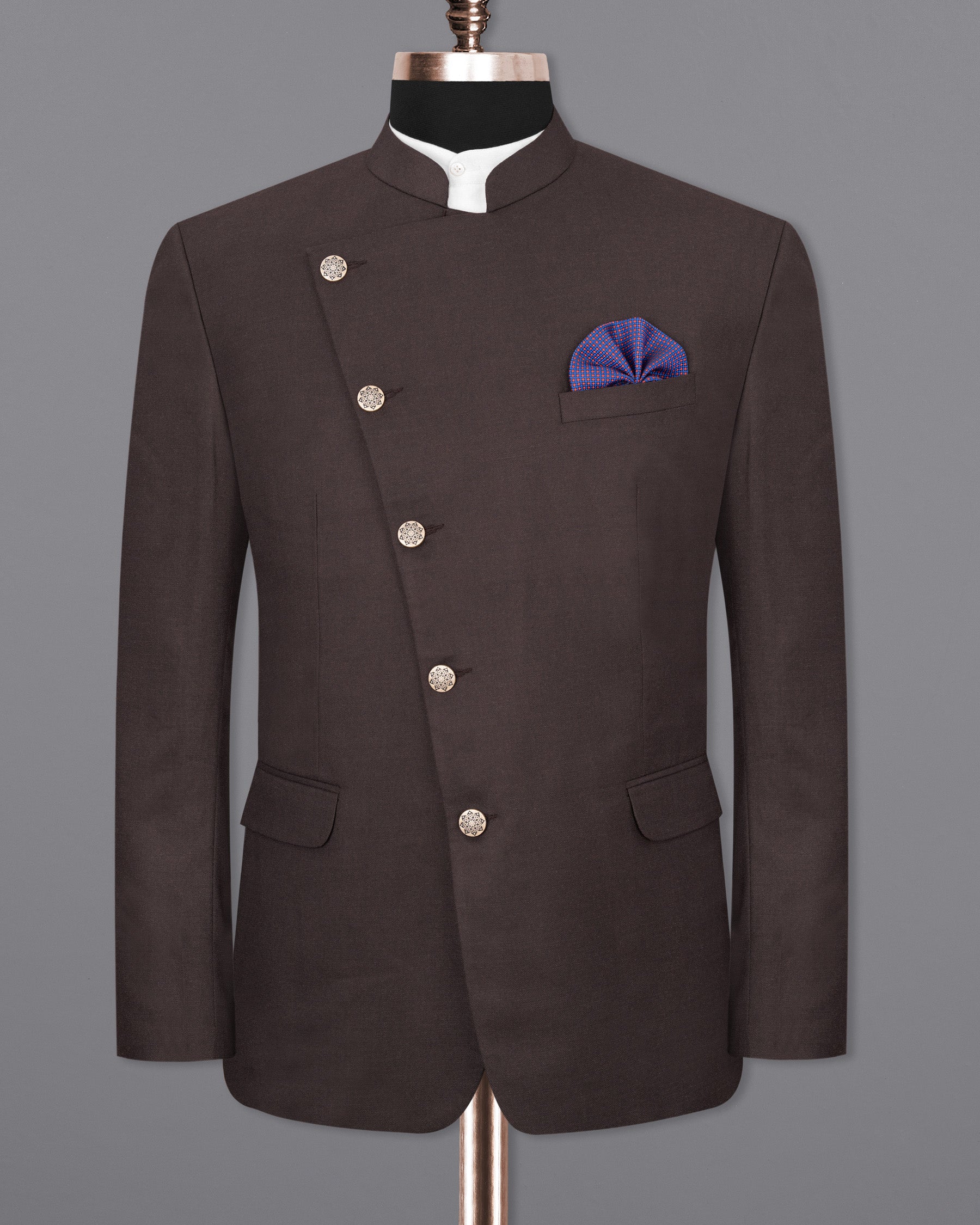 Piano Brown Cross Buttoned Bandhgala Blazer BL1829-CBG-36, BL1829-CBG-38, BL1829-CBG-40, BL1829-CBG-42, BL1829-CBG-44, BL1829-CBG-46, BL1829-CBG-48, BL1829-CBG-50, BL1829-CBG-52, BL1829-CBG-54, BL1829-CBG-56, BL1829-CBG-58, BL1829-CBG-60