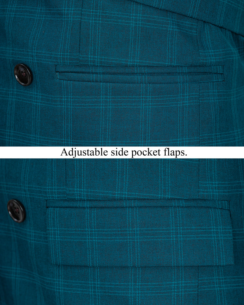Dark Teal Plaid Double Breasted Strapped Blazer BL1845-DB-D8-36, BL1845-DB-D8-38, BL1845-DB-D8-40, BL1845-DB-D8-42, BL1845-DB-D8-44, BL1845-DB-D8-46, BL1845-DB-D8-48, BL1845-DB-D8-50, BL1845-DB-D8-52, BL1845-DB-D8-54, BL1845-DB-D8-56, BL1845-DB-D8-58, BL1845-DB-D8-60