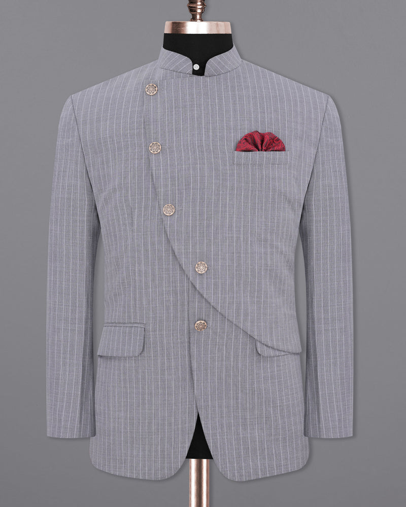 Mobster Grey Striped Cross Buttoned Bandhgala Designer Blazers BL1905-CBG-D44-36,BL1905-CBG-D44-38,BL1905-CBG-D44-40,BL1905-CBG-D44-42,BL1905-CBG-D44-44,BL1905-CBG-D44-46,BL1905-CBG-D44-48,BL1905-CBG-D44-50,BL1905-CBG-D44-52,BL1905-CBG-D44-54,BL1905-CBG-D44-56,BL1905-CBG-D44-58,BL1905-CBG-D44-60