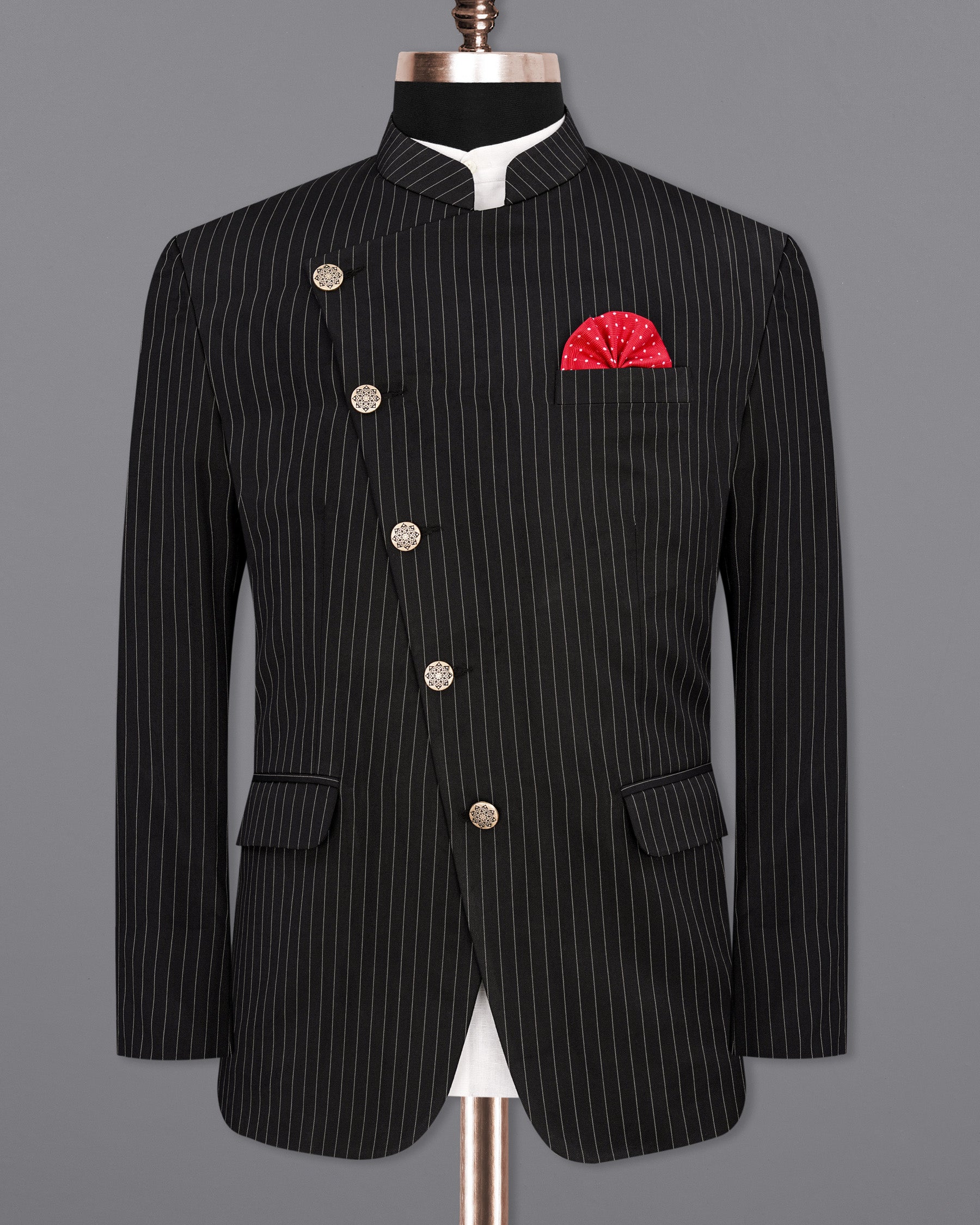 Jade Black Striped Cross Buttoned Bandhgala Blazer BL1908-CBG-36,BL1908-CBG-38,BL1908-CBG-40,BL1908-CBG-42,BL1908-CBG-44,BL1908-CBG-46,BL1908-CBG-48,BL1908-CBG-50,BL1908-CBG-52,BL1908-CBG-54,BL1908-CBG-56,BL1908-CBG-58,BL1908-CBG-60