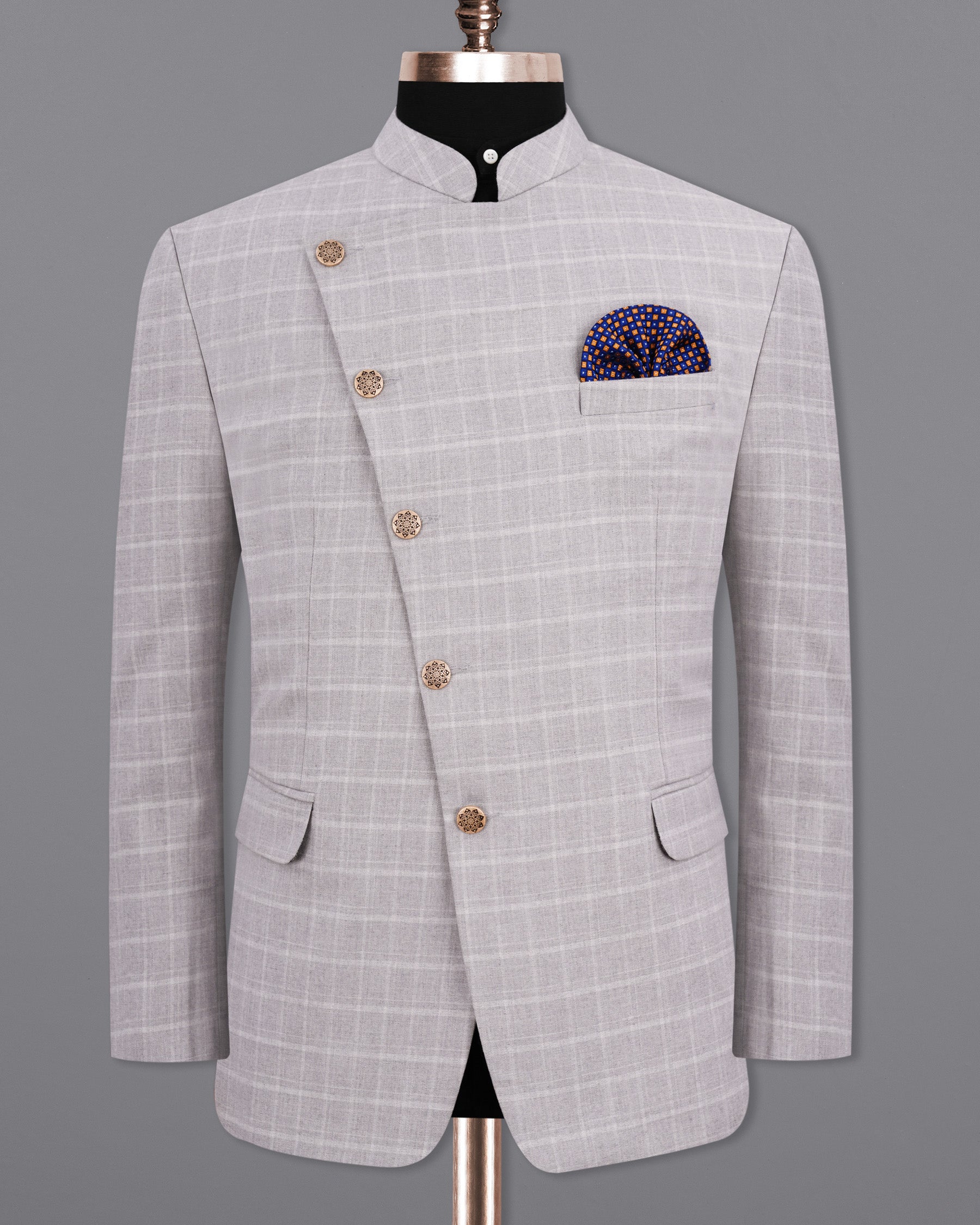 Bronco Light Gray Plaid Cross Buttoned Bandhgala Blazer BL1962-CBG-36, BL1962-CBG-38, BL1962-CBG-40, BL1962-CBG-42, BL1962-CBG-44, BL1962-CBG-46, BL1962-CBG-48, BL1962-CBG-50, BL1962-CBG-52, BL1962-CBG-54, BL1962-CBG-56, BL1962-CBG-58, BL1962-CBG-60