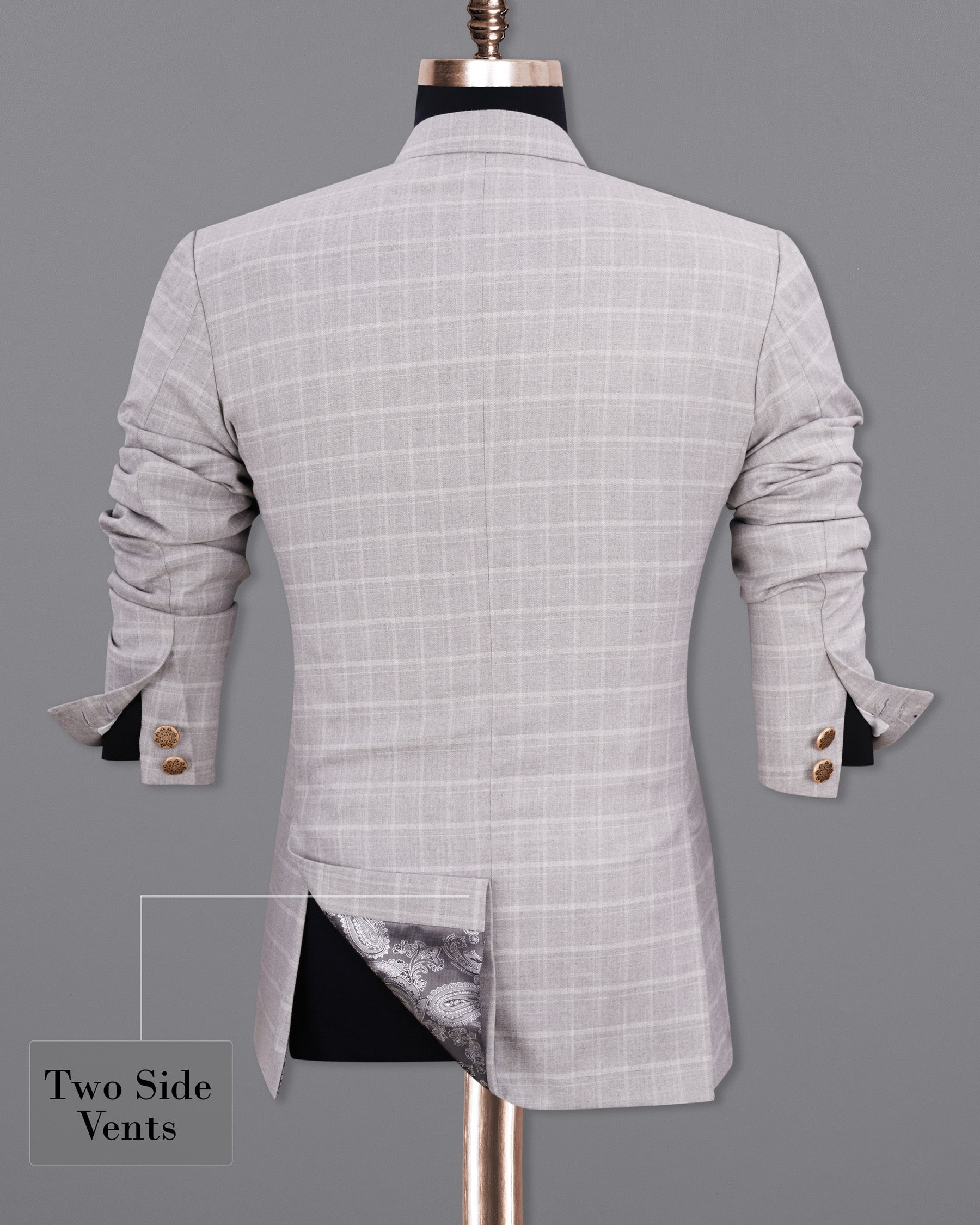 Bronco Light Gray Plaid Cross Buttoned Bandhgala Blazer BL1962-CBG-36, BL1962-CBG-38, BL1962-CBG-40, BL1962-CBG-42, BL1962-CBG-44, BL1962-CBG-46, BL1962-CBG-48, BL1962-CBG-50, BL1962-CBG-52, BL1962-CBG-54, BL1962-CBG-56, BL1962-CBG-58, BL1962-CBG-60