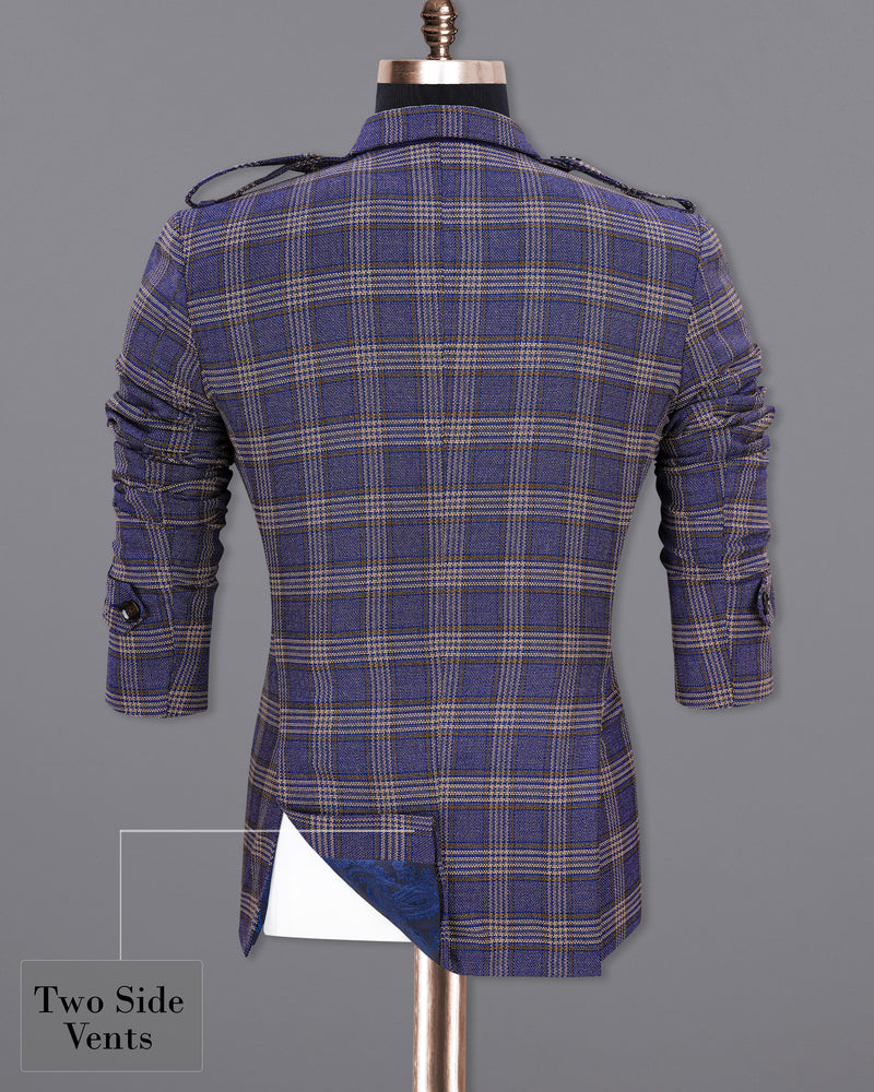 Meteorite Navy Blue with Tide Brown Plaid Double Breasted Designer Blazer BL1969-DB-D42-36, BL1969-DB-D42-38, BL1969-DB-D42-40, BL1969-DB-D42-42, BL1969-DB-D42-44, BL1969-DB-D42-46, BL1969-DB-D42-48, BL1969-DB-D42-50, BL1969-DB-D42-52, BL1969-DB-D42-54, BL1969-DB-D42-56, BL1969-DB-D42-58, BL1969-DB-D42-60