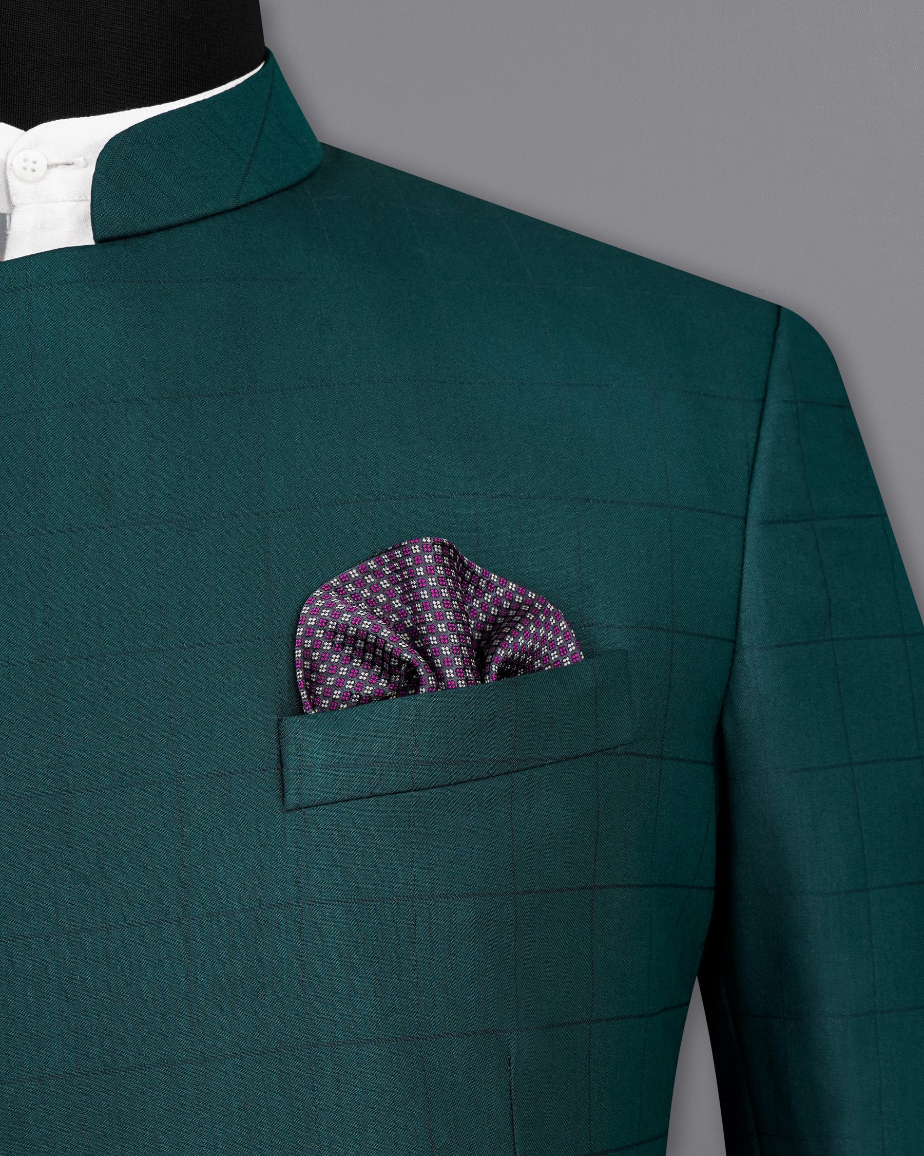 Dianne Green Subtle Windowpane Cross Buttoned Bandhgala Blazer BL2014-CBG-36, BL2014-CBG-38, BL2014-CBG-40, BL2014-CBG-42, BL2014-CBG-44, BL2014-CBG-46, BL2014-CBG-48, BL2014-CBG-50, BL2014-CBG-52, BL2014-CBG-54, BL2014-CBG-56, BL2014-CBG-58, BL2014-CBG-60