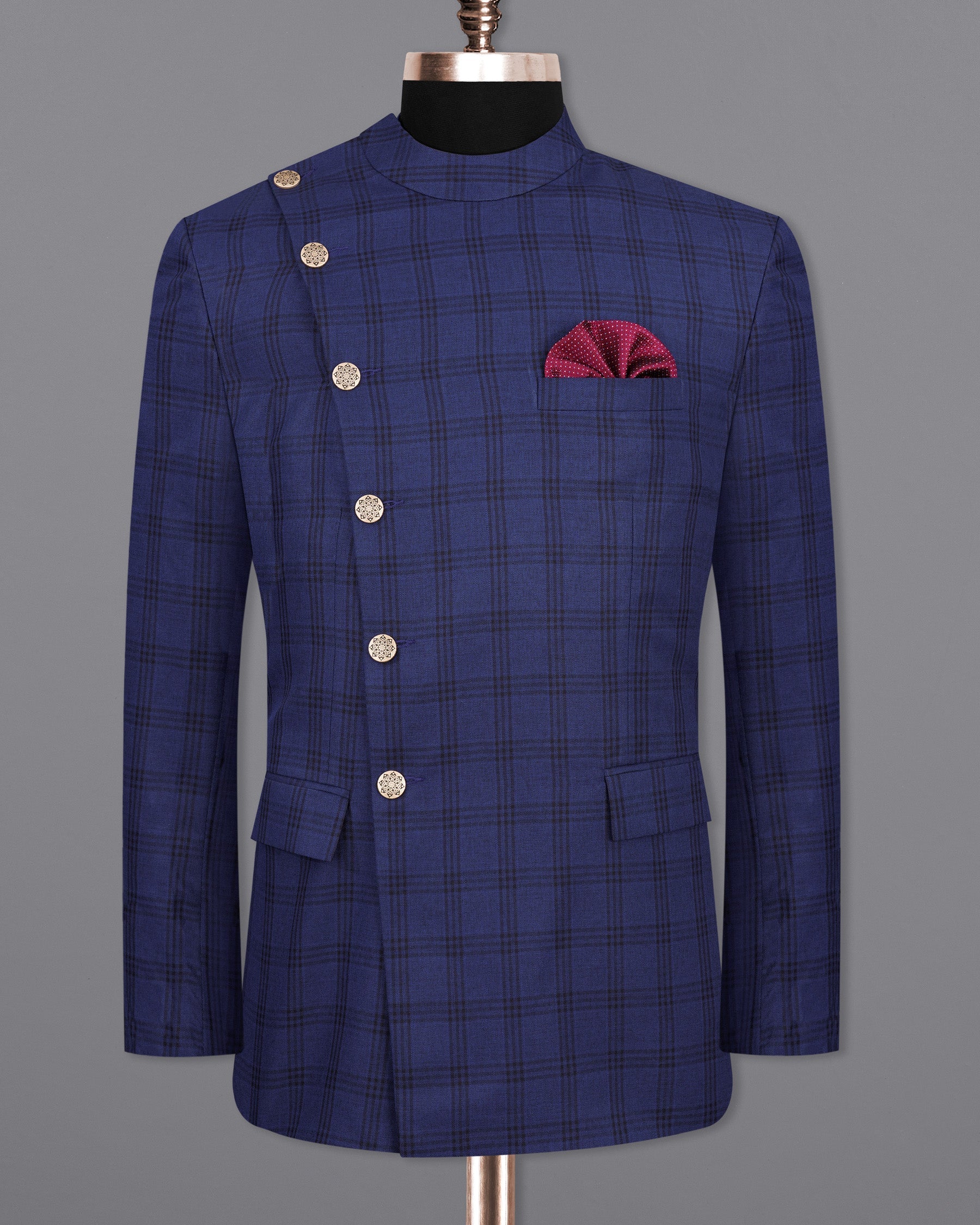 Cloud Burst Blue With Black Plaid Cross Buttoned Bandhgala Blazer BL2016-CBG2-36, BL2016-CBG2-38, BL2016-CBG2-40, BL2016-CBG2-42, BL2016-CBG2-44, BL2016-CBG2-46, BL2016-CBG2-48, BL2016-CBG2-50, BL2016-CBG2-52, BL2016-CBG2-54, BL2016-CBG2-56, BL2016-CBG2-58, BL2016-CBG2-60