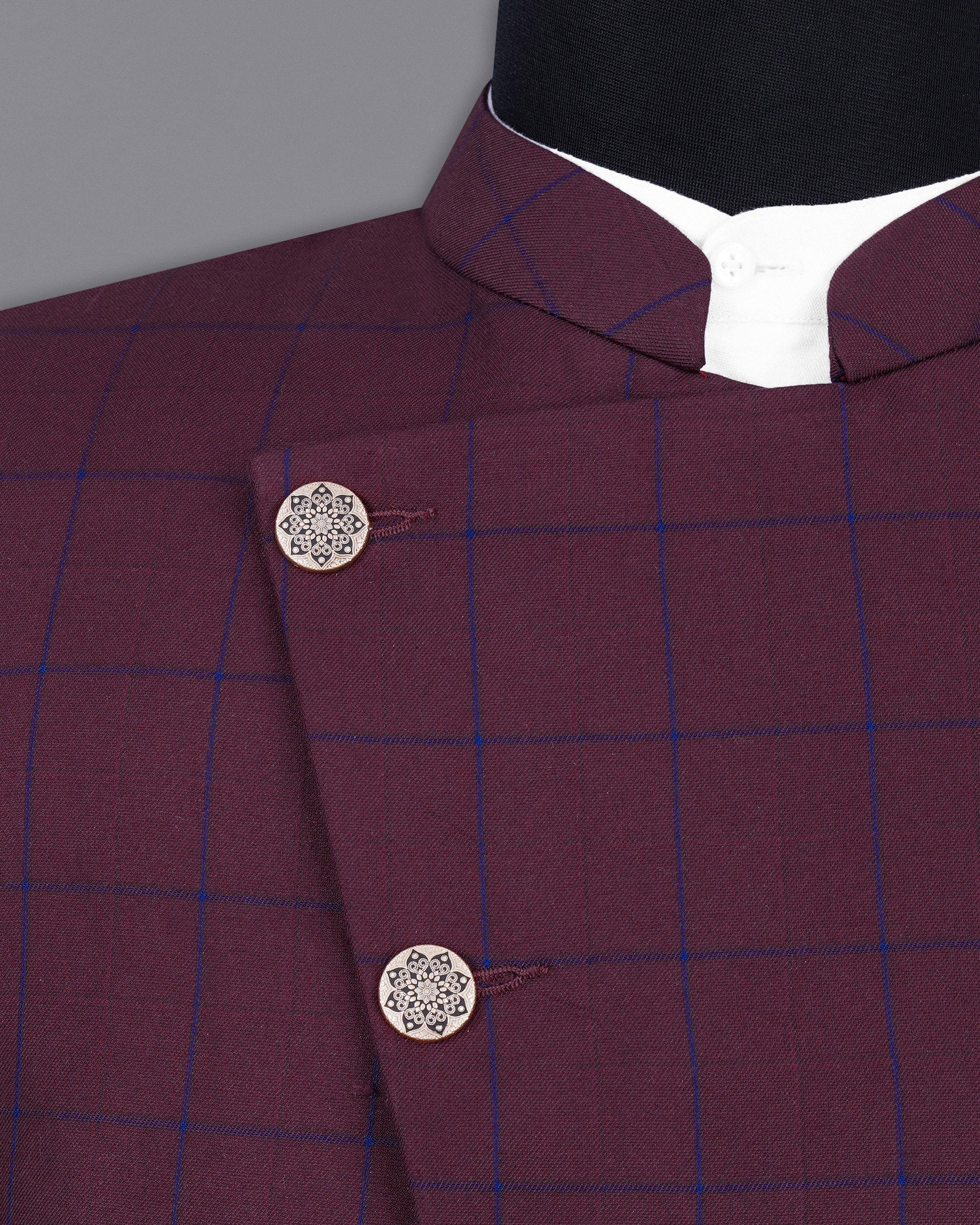 Wine Berry With Haiti Blue Windowpane Cross Buttoned Bandhgala Blazer BL2030-CBG-36, BL2030-CBG-38, BL2030-CBG-40, BL2030-CBG-42, BL2030-CBG-44, BL2030-CBG-46, BL2030-CBG-48, BL2030-CBG-50, BL2030-CBG-52, BL2030-CBG-54, BL2030-CBG-56, BL2030-CBG-58, BL2030-CBG-60